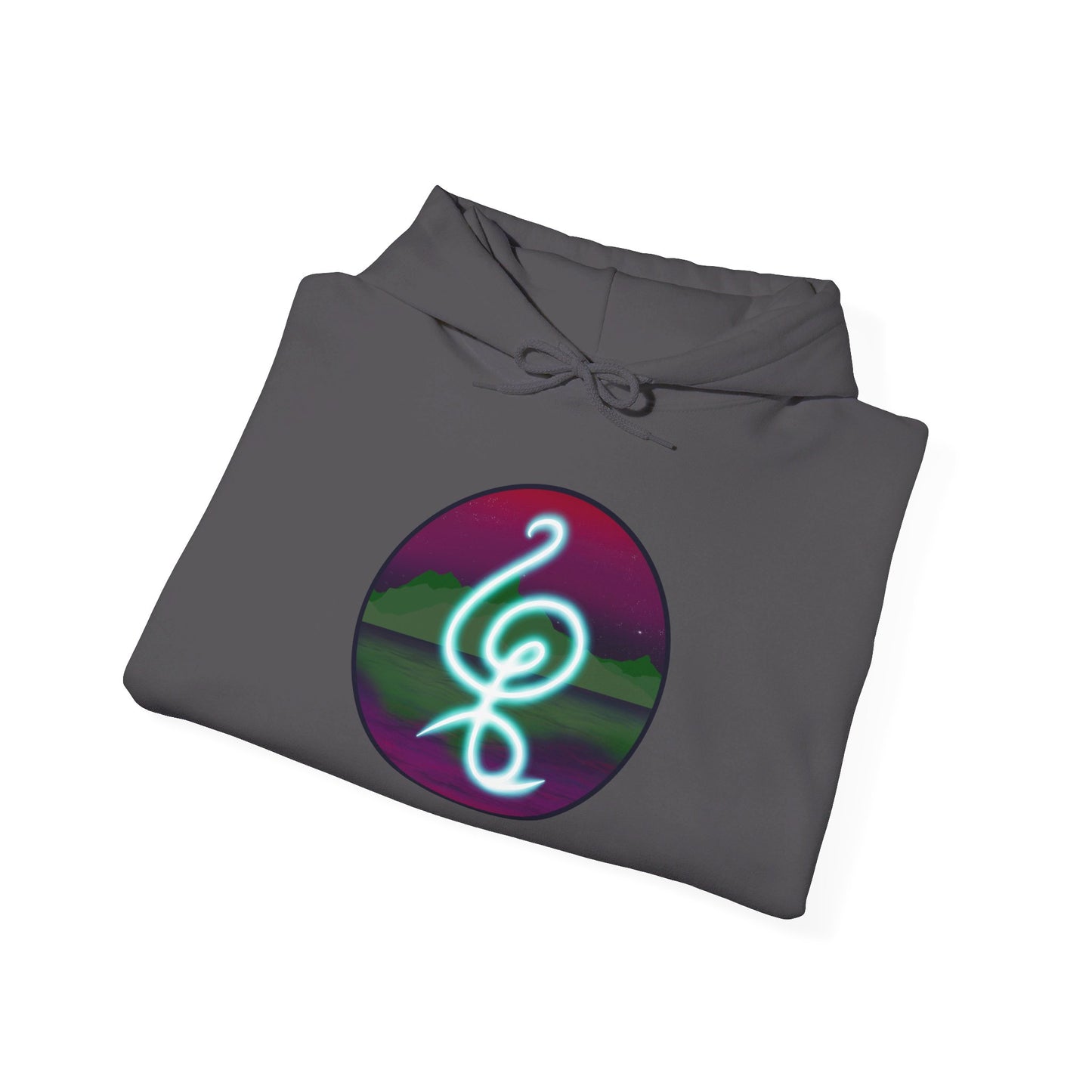 This is the Charcoal Hakuna Matata Unisex Heavy Blend Hooded Sweatshirt by Lee Hansheng Studios. This is the image of it folded from the front. The drawstring is tied in a bow and color matched. This comes in sizes S- 5XL. This illustration is an oval image on with the "There are no worries" in Swahili which is a bright light blue. Behind the symbol is a landscape with dark green mountains. It is reflected in the water and clear are pink/purple sky with a couple of stars.