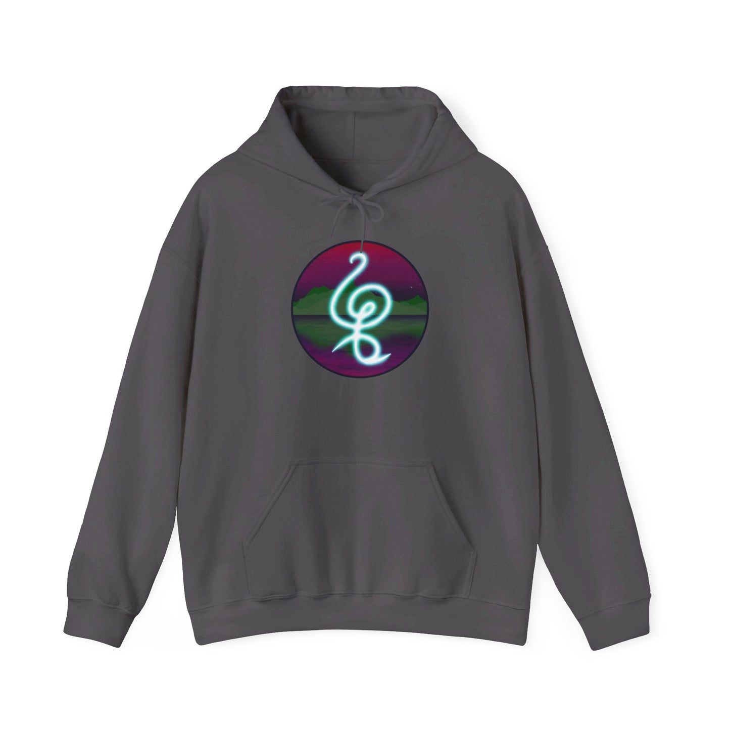 This is the Charcoal Hakuna Matata Unisex Heavy Blend Hooded Sweatshirt by Lee Hansheng Studios. This is the image of it from the front.This comes in sizes S- 5XL. The drawstring is color matched and tied. This illustration is an oval image on with the "There are no worries" in Swahili and bright light blue.Behind the symbol is a landscape with dark green mountains, reflected in the water,clear pink/purple sky with a couple of stars.The illustration is on the upper back and the studio logo is below it.