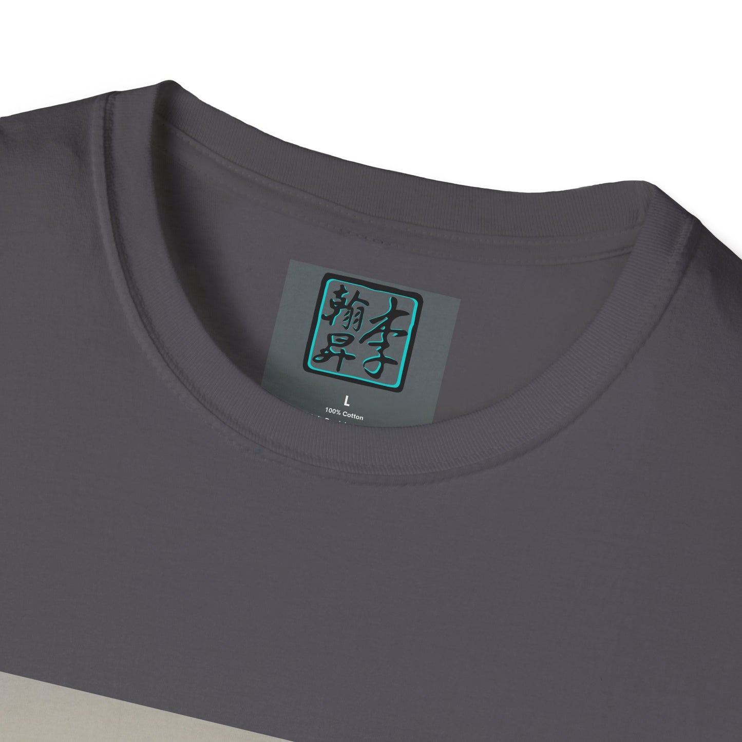 This is the Charcoal Landing T-Shirt by Lee Hansheng Studios. This is a close up of the front. On the inside of the shirt is the logo for the studio printed in black outlined in blue, gray size label with the print being white. The shirt is against a white background.