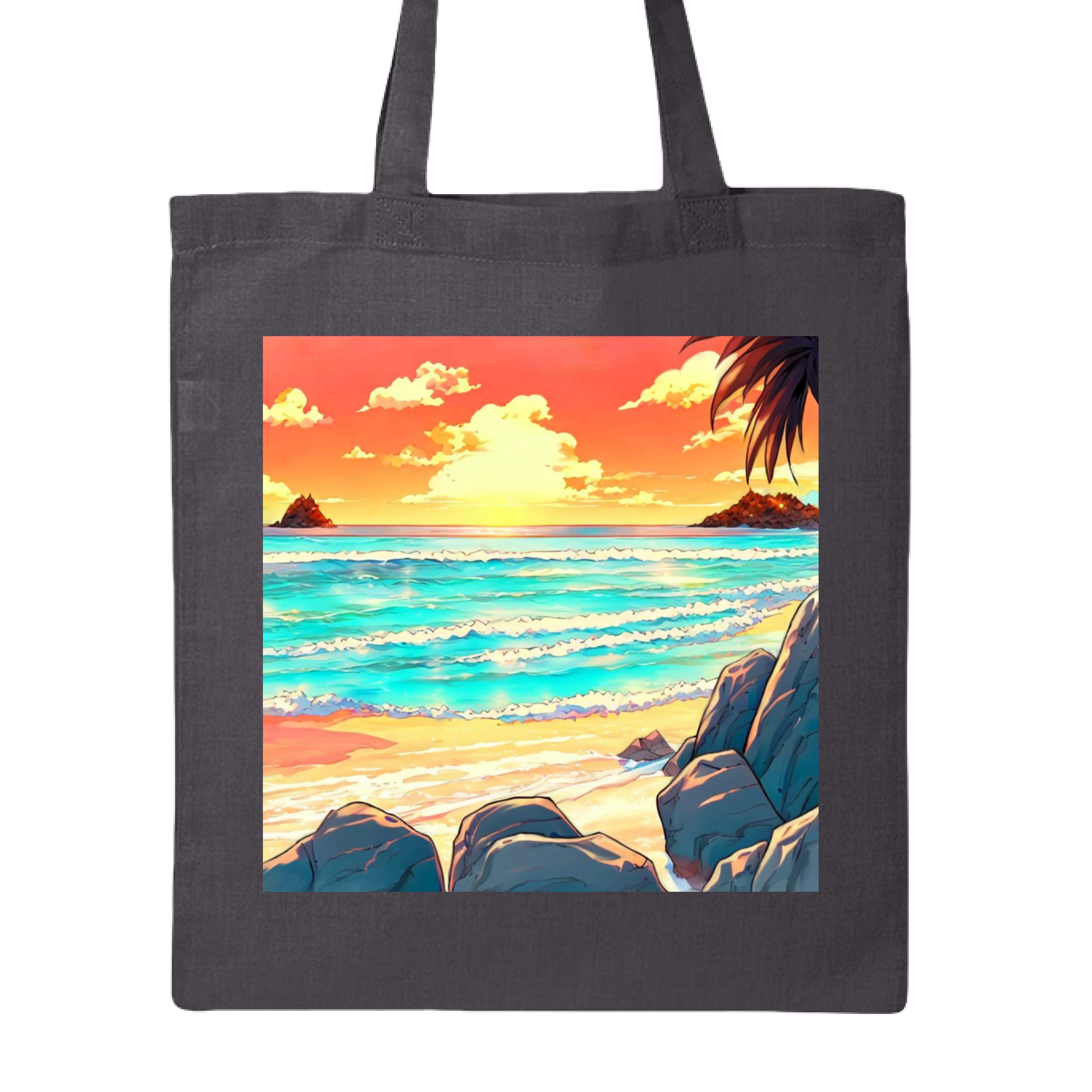 Close-up of the canvas tote's textured fabric featuring a vibrant sunset and beach scene, with sturdy brown rope handles