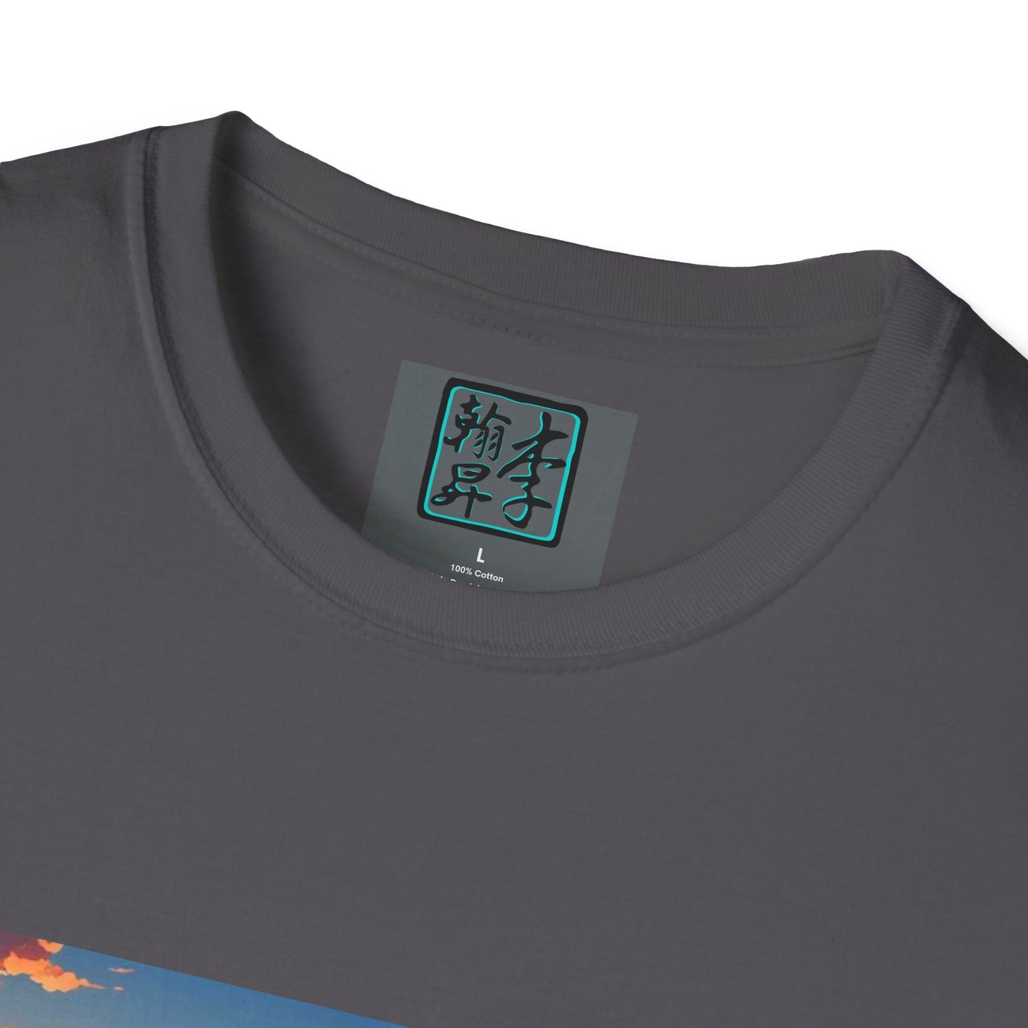 This is the Charcoal Temple of Peace Softstyle T-Shirt by Lee Hansheng Studios. It comes in sizes XS-5XL. This is an image of the t-shirt from the front but close up to the tag that is inside the shirt. There is the Lee Hansheng Studios logo printed in black and outlined in teal. The sizes are printed in white. This is all on a gray label. The shirt is against a white background.