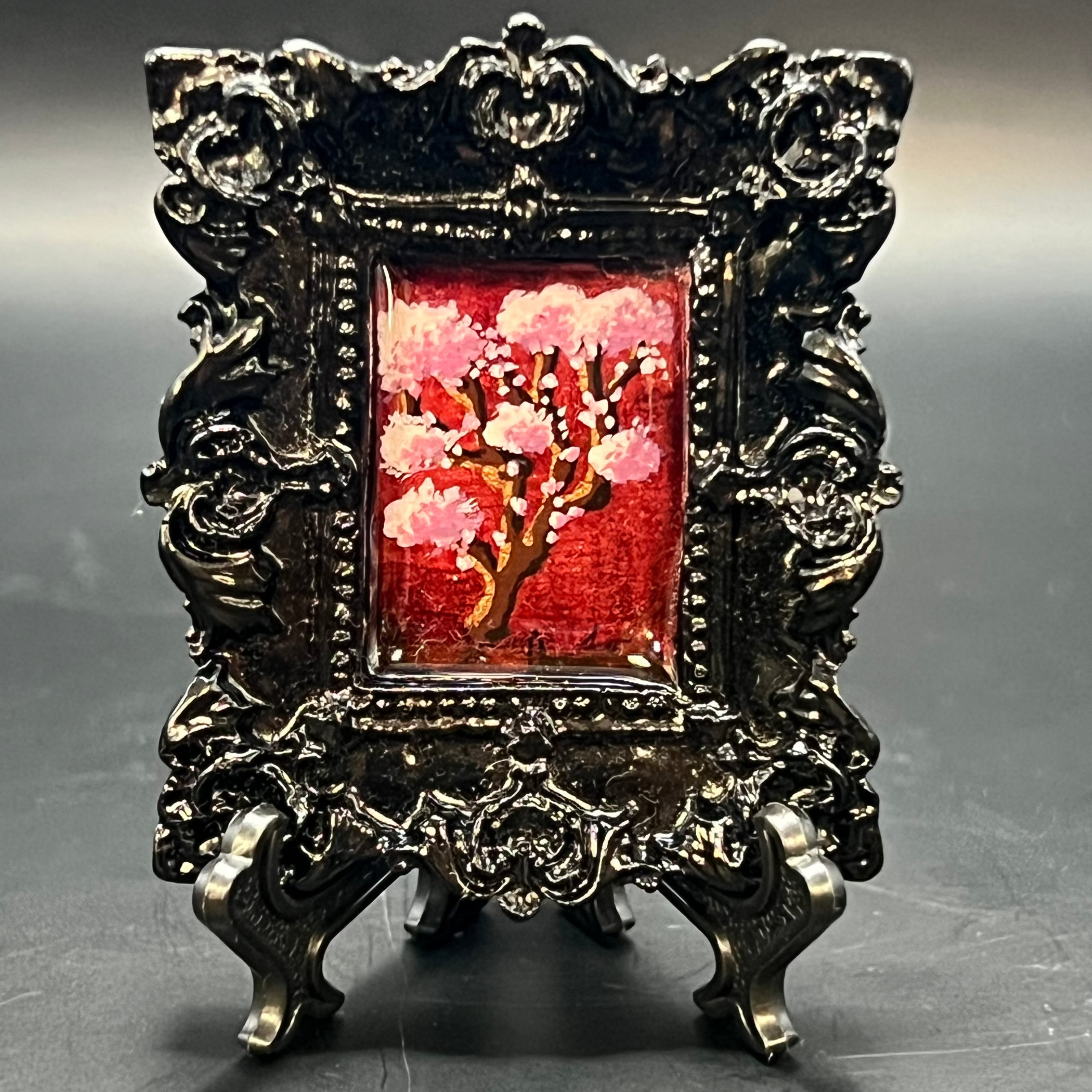 CFD Cherry Blossom Vertical mini painting in acrylic on canvas, 8x10 inches, framed, signed by artist Chris Foster