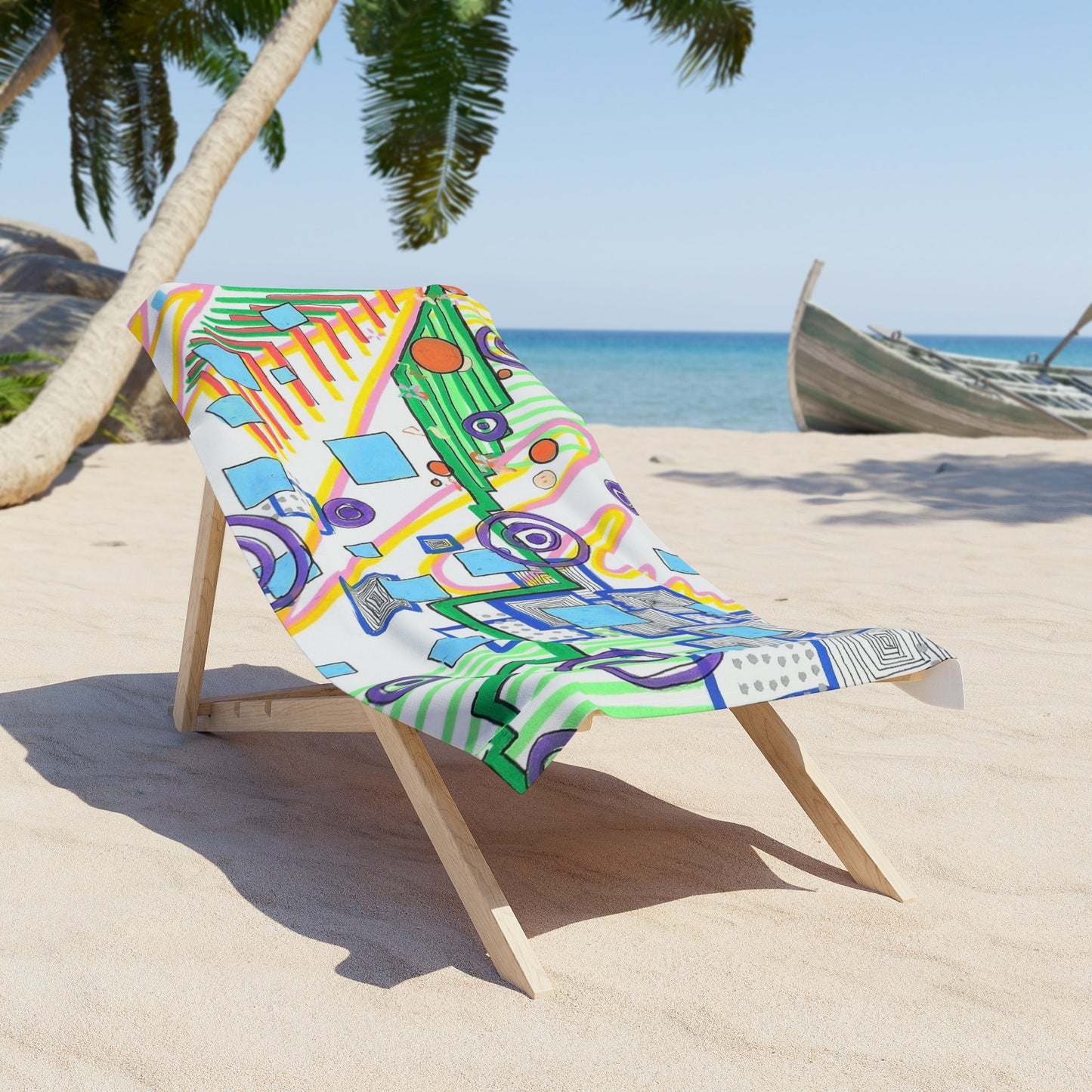 This is the 30" x 60" City of Oz Beach Towel by Storm Garden Studio. The illustration has different sizes of squares that are light blue,white,with dashes and lines in them,circles are purple/orange in different sizes with multiple circles inside each other. Orange,light blue,yellow,dark/light green squiggles,curved and straight lines.The towel is on a light wood beach chair with a beach background including sand, palm tree on the left and a boat to the right.