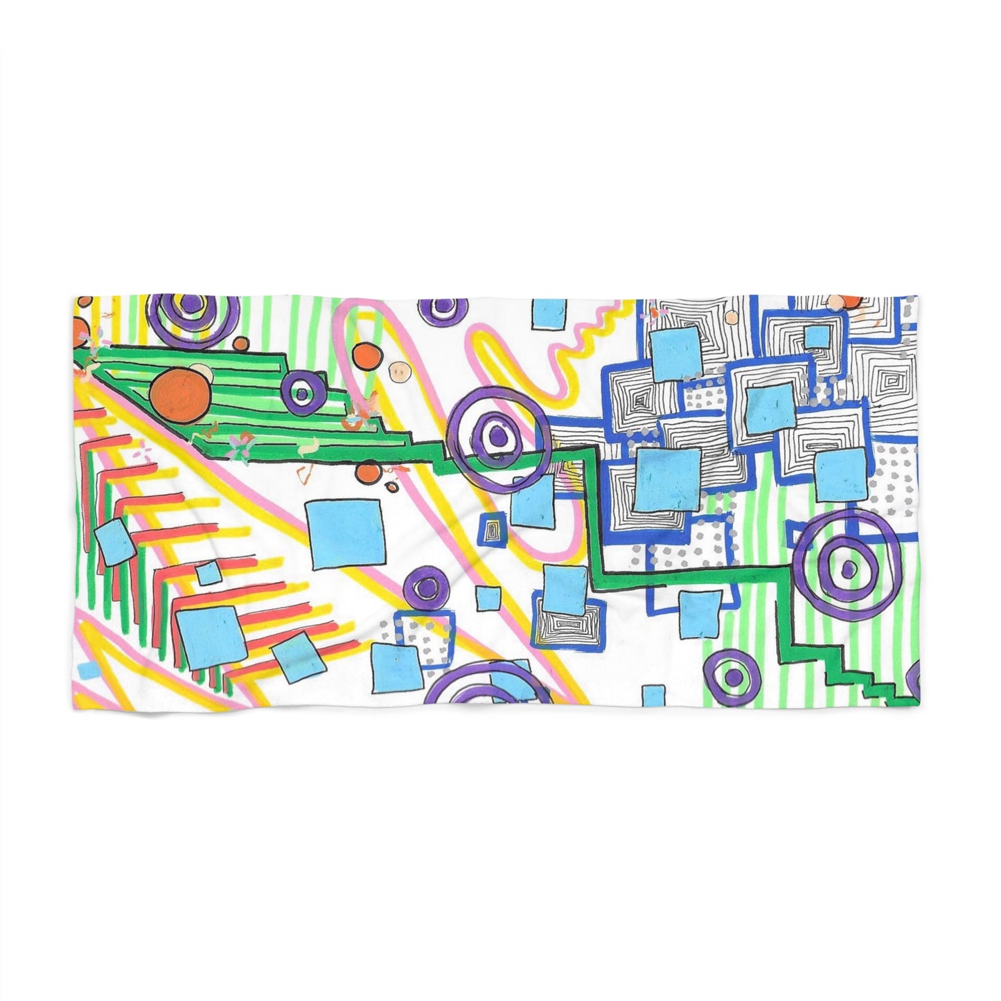 This is the 30" x 60" City of Oz Beach Towel by Storm Garden Studio. This is the towel from the front that features an abstract art depiction. It has different sizes of squares that are light blue, white, with dashes and lines in them. Circles that are purple or orange in different sizes with multiple circles inside each other. Orange, light blue, yellow, dark and light green squiggles, curved and straight lines. It is against a white background.