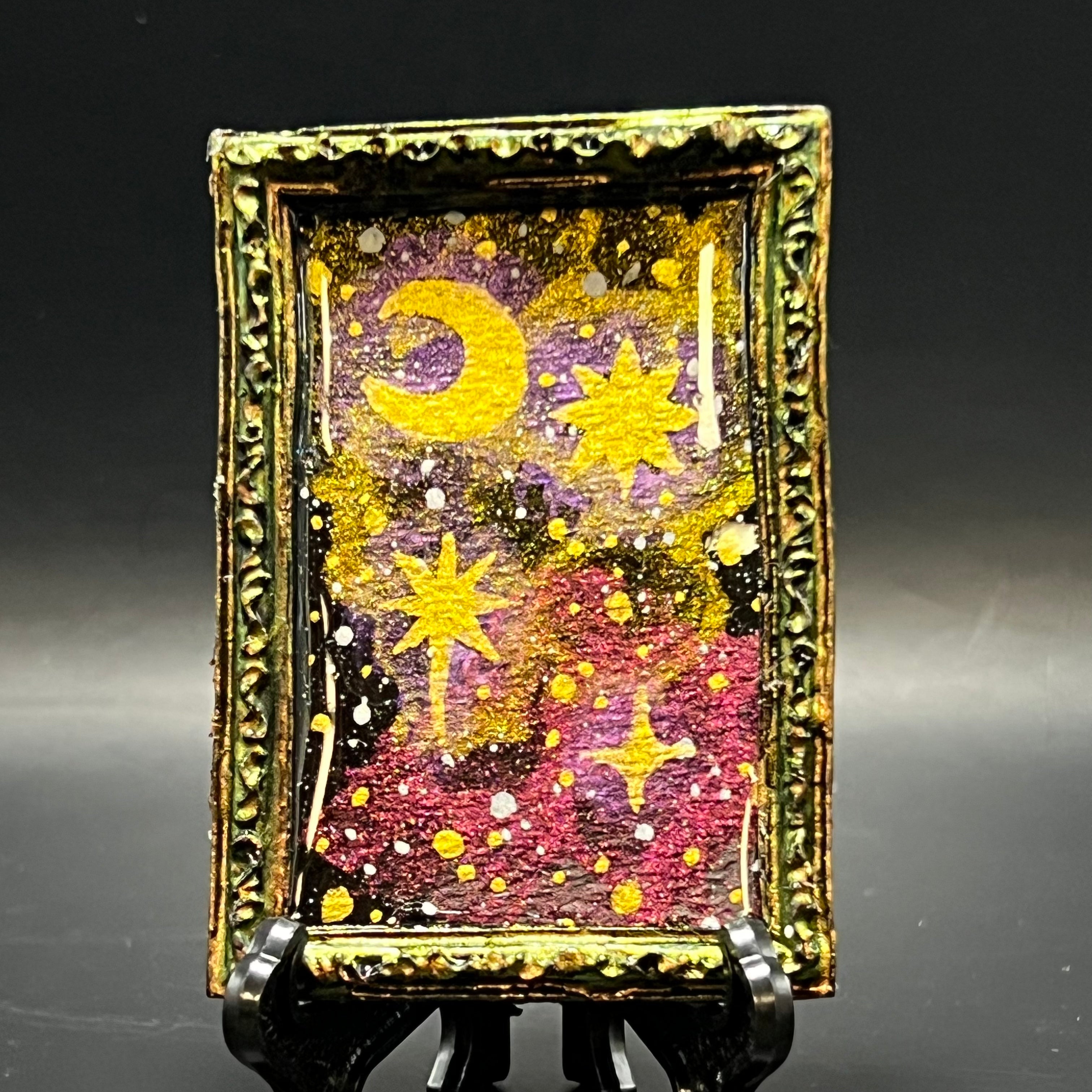 Mini acrylic painting of a crescent moon and stars nebula by Chris Foster, titled Into the Void, from The Art Collective