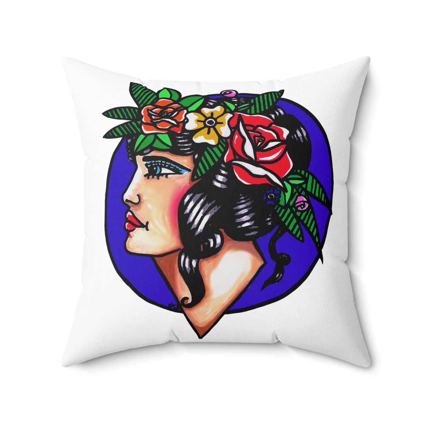 This is the 14" x 14" Crown of Spring Spun Polyester Square Pillow by Storm Garden Studio. This showcases the back of the pillow where the illustration is. The background is a dark blue/purple circle with a pale woman, bright red lips, blue eyes with light blue eyeshadow adorned with an arrangment of spring flowers like roses and leaves nestled on her black shiny flowing hair. She is looking towards the left. She is against a white background. This image is on both sides.