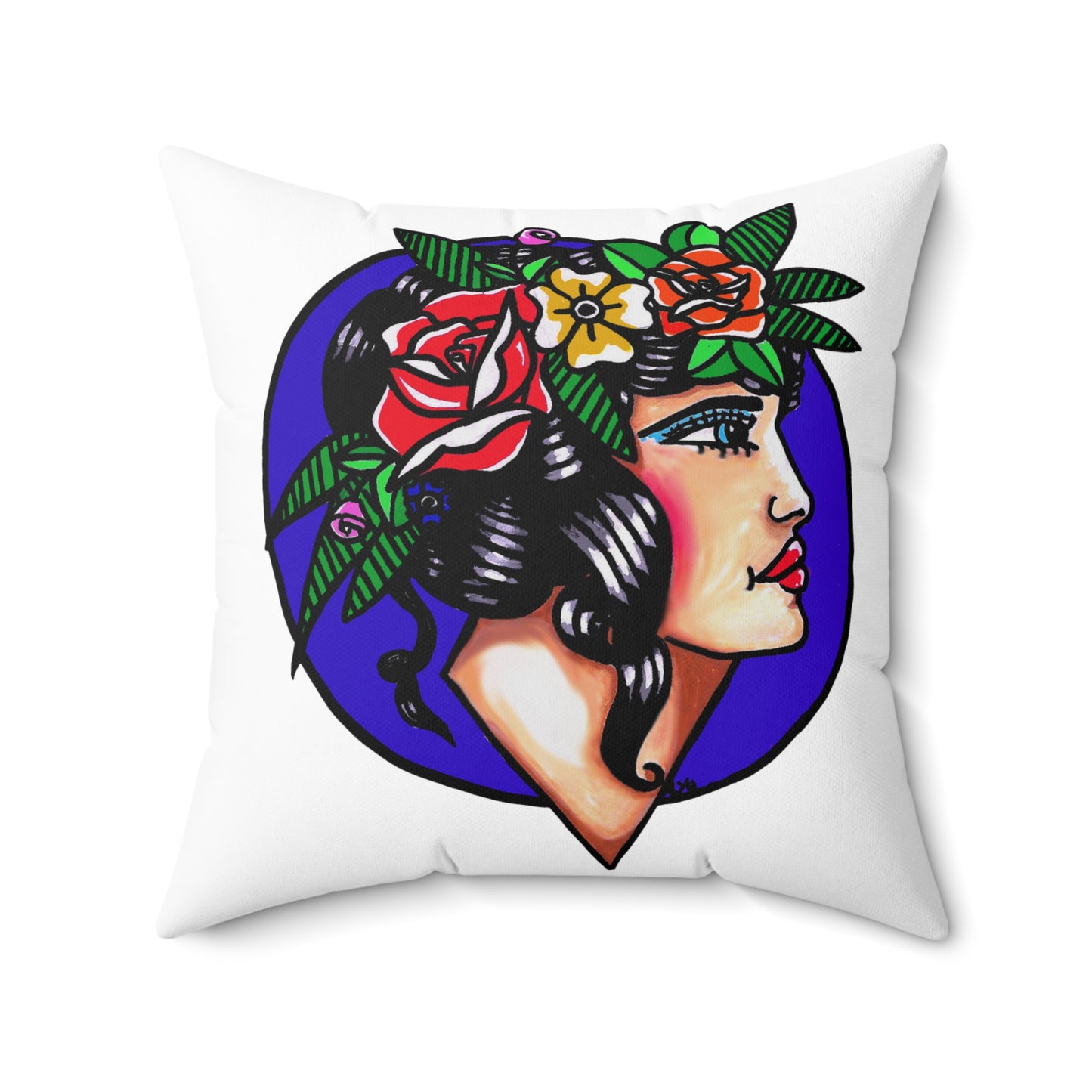 This is the 14" x 14" Crown of Spring Spun Polyester Square Pillow by Storm Garden Studio. This showcases the back of the pillow where the illustration is. The background is a dark blue/purple circle with a pale woman, bright red lips, blue eyes with light blue eyeshadow adorned with an arrangment of spring flowers like roses and leaves nestled on her black shiny flowing hair. She is looking towards the right. She is against a white background.