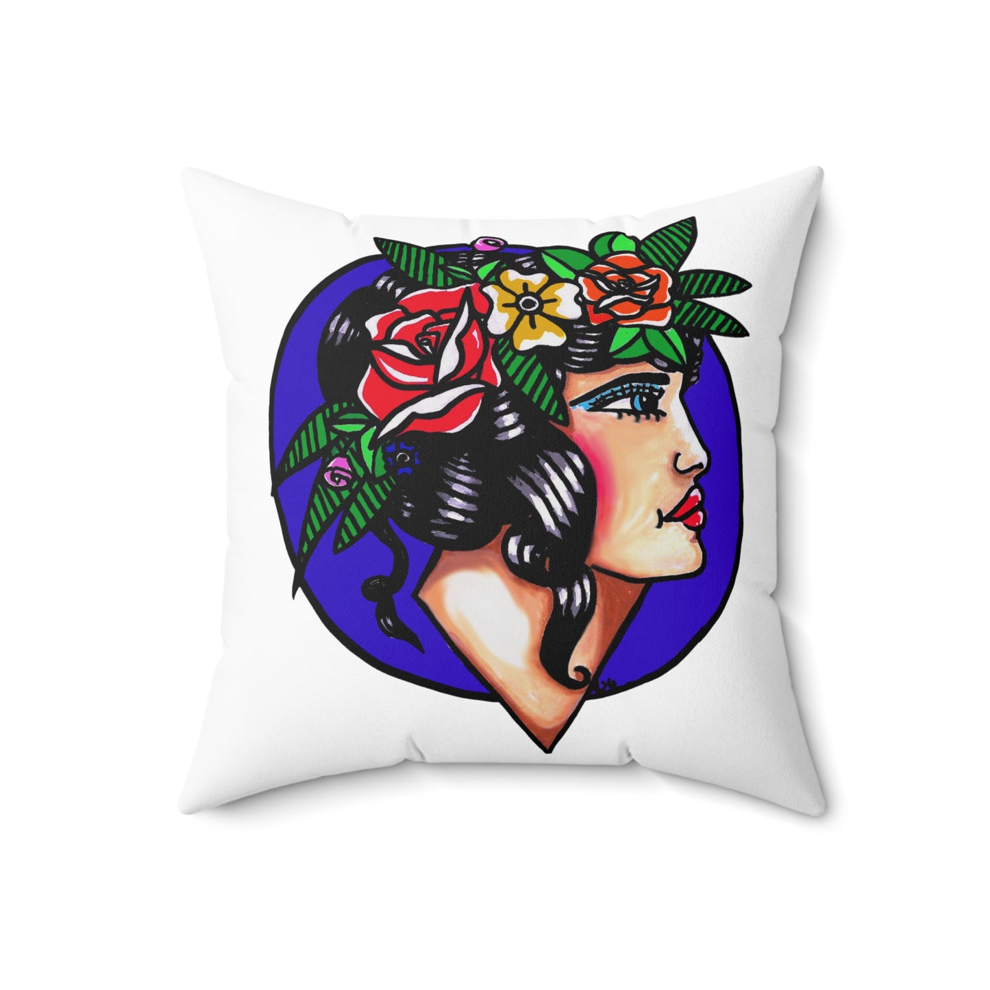 This is the 16" x 16" Crown of Spring Spun Polyester Square Pillow by Storm Garden Studio. This showcases the back of the pillow where the illustration is. The background is a dark blue/purple circle with a pale woman, bright red lips, blue eyes with light blue eyeshadow adorned with an arrangment of spring flowers like roses and leaves nestled on her black shiny flowing hair. She is looking towards the right. She is against a white background.