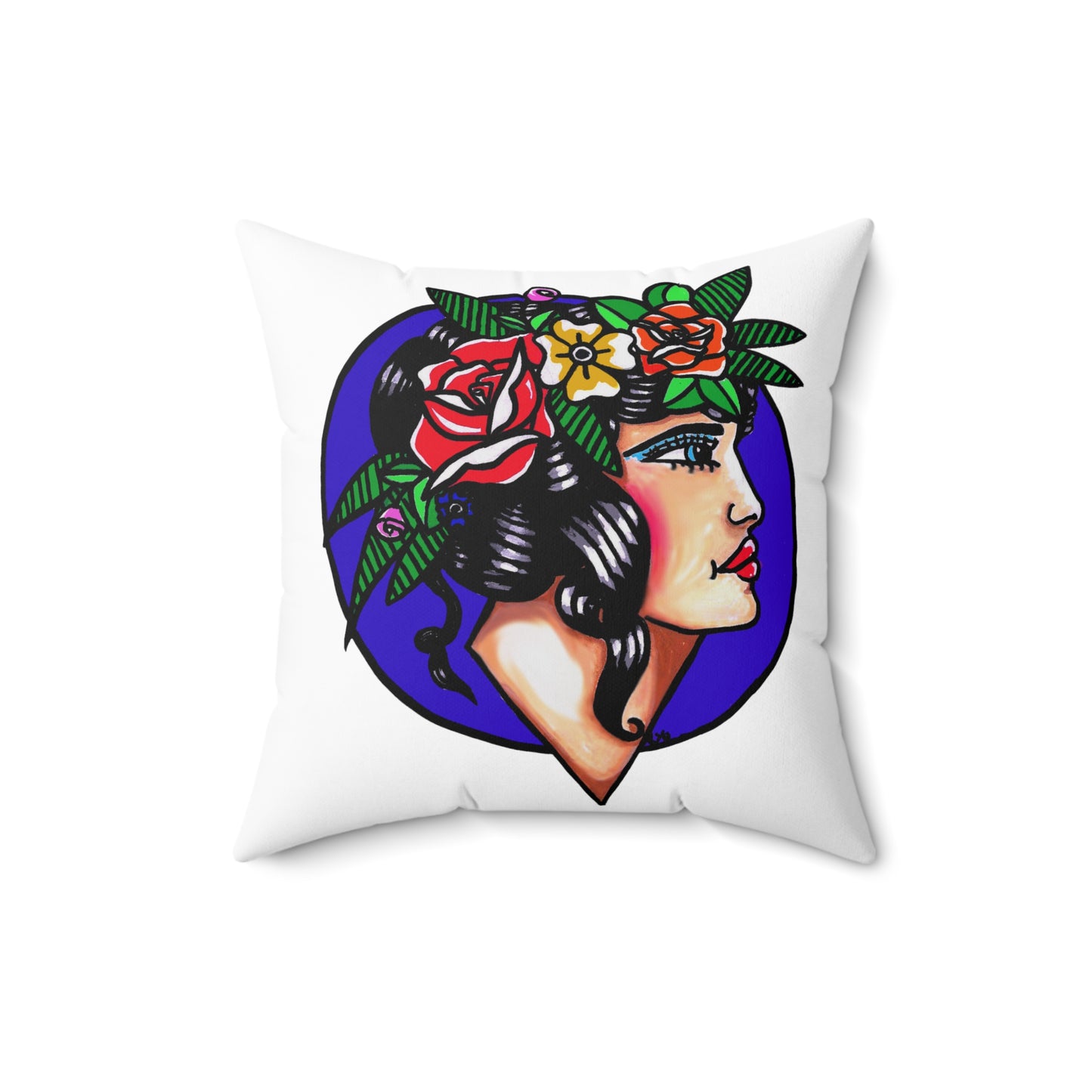 This is the 18" x 18" Crown of Spring Spun Polyester Square Pillow by Storm Garden Studio. This showcases the back of the pillow where the illustration is. The background is a dark blue/purple circle with a pale woman, bright red lips, blue eyes with light blue eyeshadow adorned with an arrangment of spring flowers like roses and leaves nestled on her black shiny flowing hair. She is looking towards the right. She is against a white background.