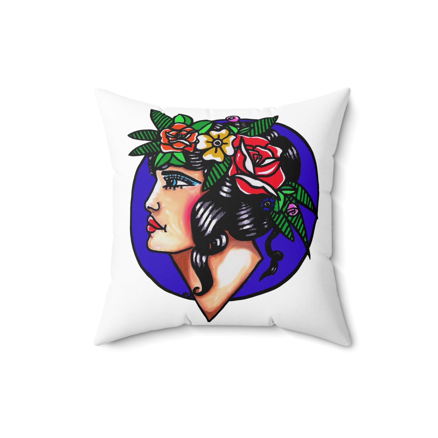 This is the 18" x 18" Crown of Spring Spun Polyester Square Pillow by Storm Garden Studio. This showcases the back of the pillow where the illustration is. The background is a dark blue/purple circle with a pale woman, bright red lips, blue eyes with light blue eyeshadow adorned with an arrangment of spring flowers like roses and leaves nestled on her black shiny flowing hair. She is looking towards the left. She is against a white background. This image is on both sides.