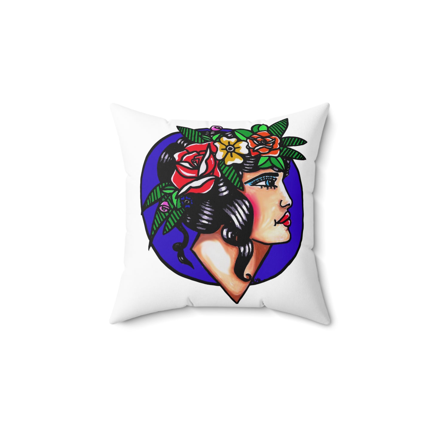 This is the 20" x 20" Crown of Spring Spun Polyester Square Pillow by Storm Garden Studio. This showcases the back of the pillow where the illustration is. The background is a dark blue/purple circle with a pale woman, bright red lips, blue eyes with light blue eyeshadow adorned with an arrangment of spring flowers like roses and leaves nestled on her black shiny flowing hair. She is looking towards the right. She is against a white background.