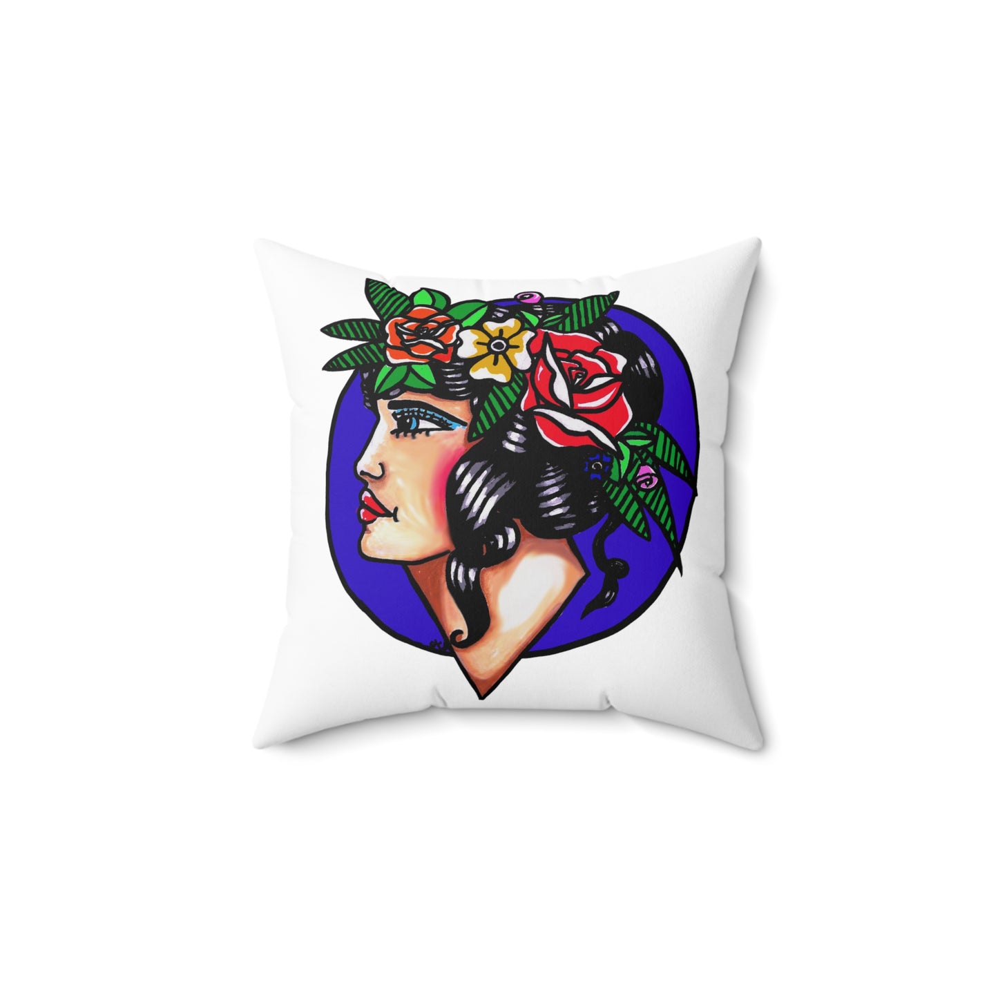 This is the 20" x 20" Crown of Spring Spun Polyester Square Pillow by Storm Garden Studio. This showcases the back of the pillow where the illustration is. The background is a dark blue/purple circle with a pale woman, bright red lips, blue eyes with light blue eyeshadow adorned with an arrangment of spring flowers like roses and leaves nestled on her black shiny flowing hair. She is looking towards the left. She is against a white background. This image is on both sides.
