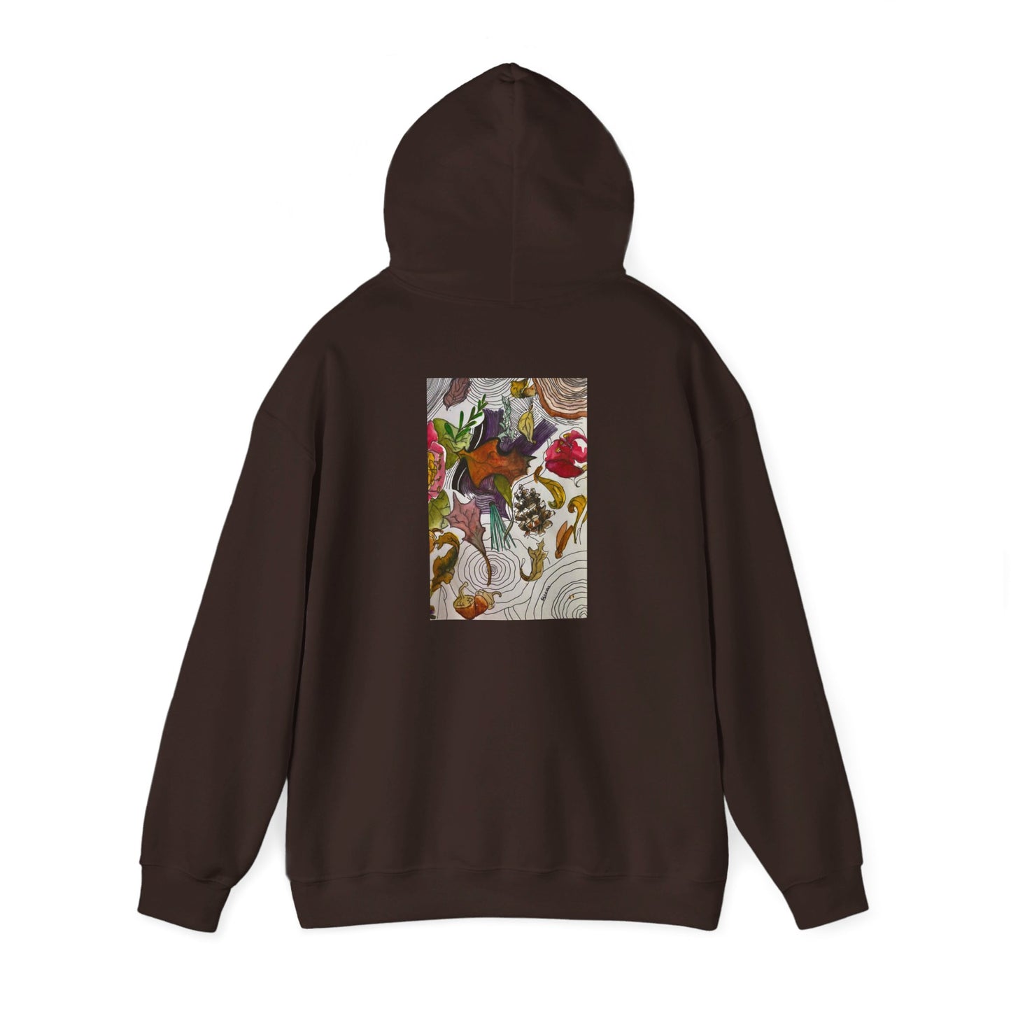 This is the Dark Chocolate Fall is falling Heavy Blend Hooded Sweatshirt by Storm Garden Studio. It comes in sizes S-5XL. The image is from the back with the hood up to show the shoulder area. The drawstring is color matched. The illustration is within a rectangle starting from the upper back to mid back. There are various conifers like leaves,pine cones,etc. There are also some flowers and a tree trunk ring.The colors are red, yellow, dark brown, purples, and green. It is against from a white background.