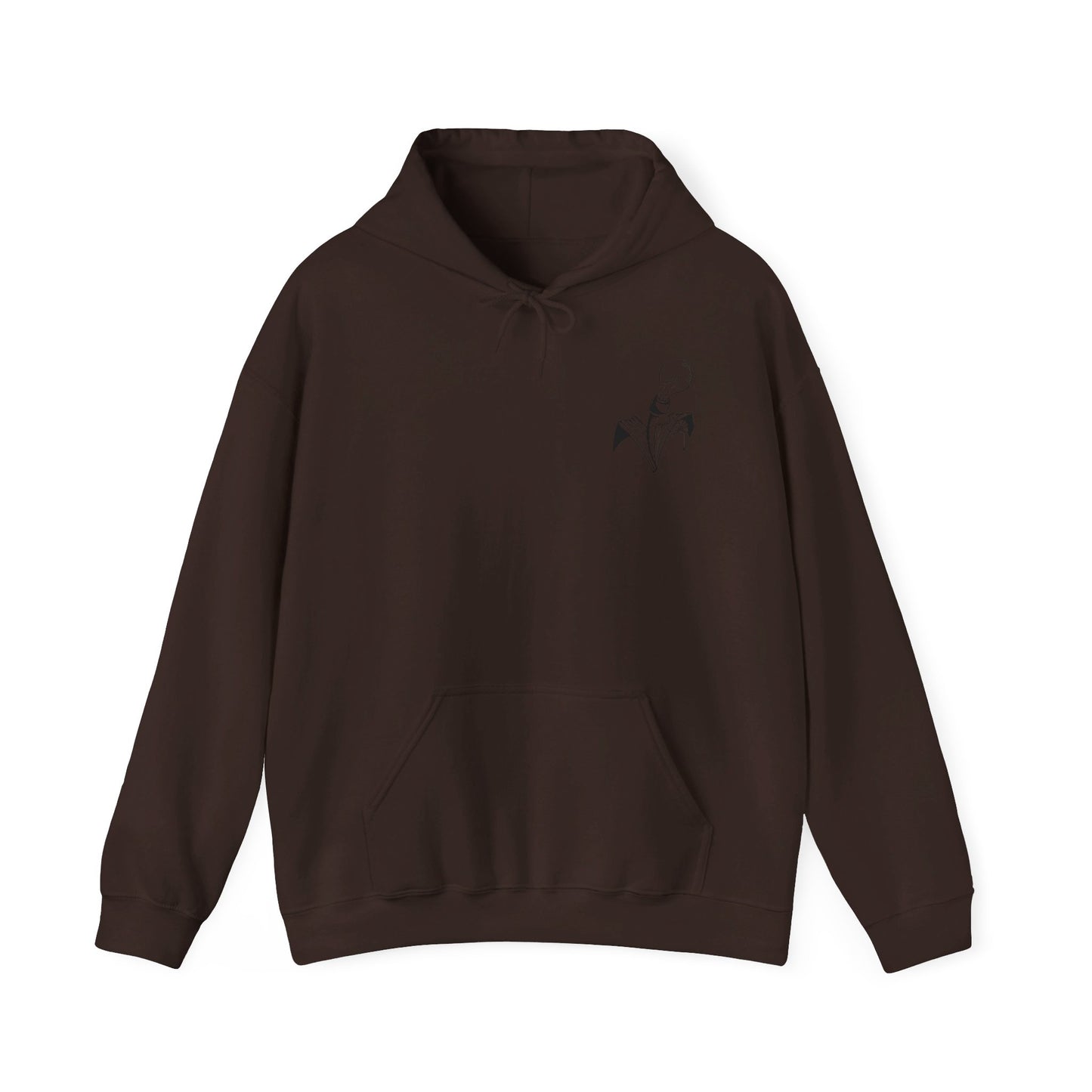 This is the Dark Chocolate Fall is falling Heavy Blend Hooded Sweatshirt by Storm Garden Studio. It comes in sizes S-5XL. The image is the sweatshirt from the front. The drawstring is color matched and has Storm Garden Studio logo printed in black on the left breast area. There is a large kangaroo pocket and is hemmed on sleeves/end of sweater. It is against a white background.
