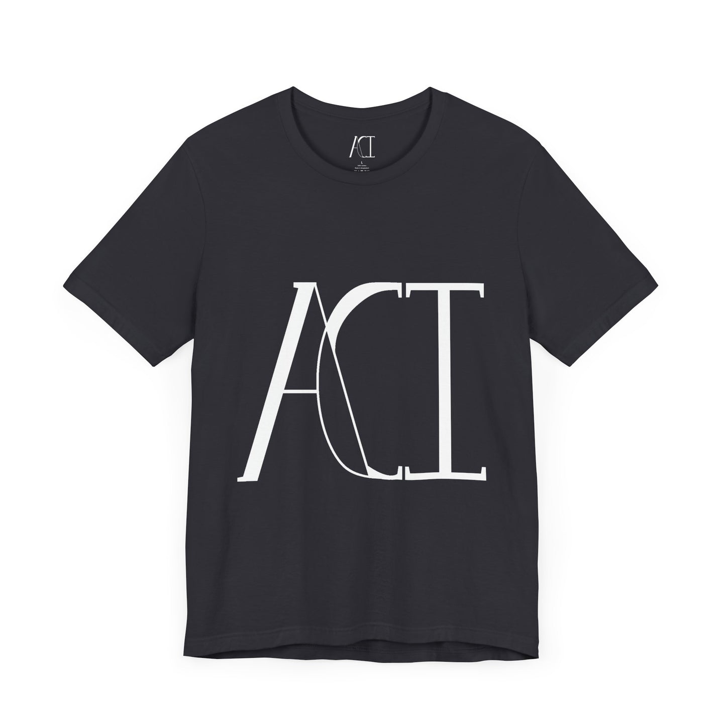 This is a dark grey crewneck ACI t-shirt. The front showcases a large ACI logo in the middle of the shirt. The print is white and is printed with the size label in white on the inside of the shirt. The tab also has the ACI logo.