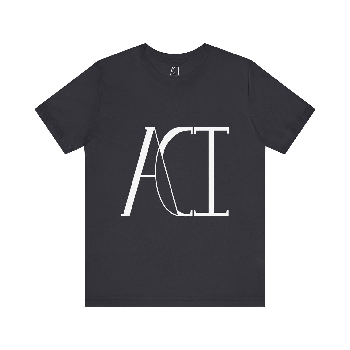 This is a dark grey crewneck ACI t-shirt. The front showcases a large ACI logo in the middle of the shirt. The print is white and is printed with the size label in white on the inside of the shirt. The tab also has the ACI logo. This is the flat front picture of the shirt.