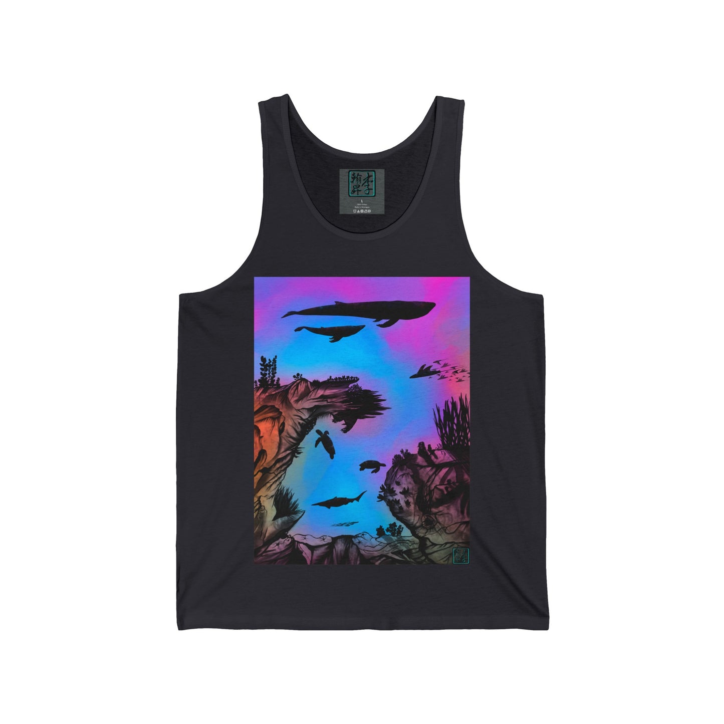 This is the Dark Grey Into the Abyss Jersey Tank by Lee Hansheng Studios. The illustration is underwater seascape with aquatic plants on a marbled background. There are two blue whales, 1 goblin shark, school of eagle rays, two sea turtles and a school of fish. On the bottom right corner is the studio's logo printed in black outlined in blue. This is an image of the tank from the front. It is against a white background.