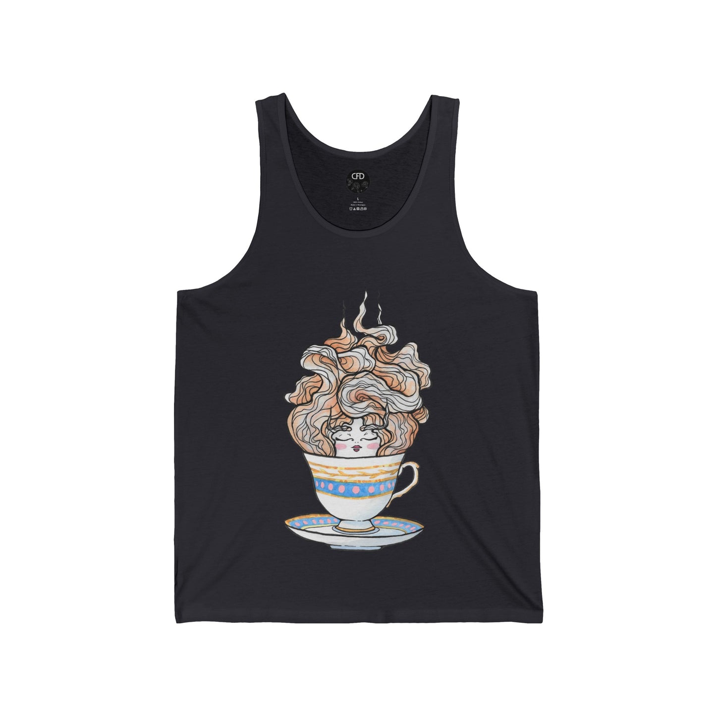 This is the Dark Grey English Breakfast Tea Tank by Chris Foster Design. It comes in sizes XS-2XL. This is an image of the front with a circular CFD logo in white lettering and black background. The size label is below the logo in white. A teacup that is light blue, yellow and white with light pink, white and red steam that is going upwards. There is a lady's face in the middle and beginning of the teacup with her eyes closed, red lips, blushing pink cheeks. and eyebrows that go upward.