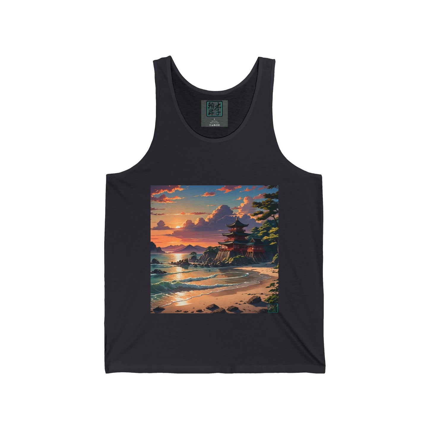 This is the Dark Grey Temple of Peace Tank by Lee Hansheng Studios. It comes in sizes S-2XL.This showcases the front of the tank.The inside of the shirt there is the studio's logo on a gray backing and size label in white.The illustration shows a setting red/orange sun above clouds,two blue roof,brown/red walled temples on the right on top of the hills,mountains,blue/white waves into sand and a forest to the right.Bottom right corner is the logo printed in black for the studio and outlined in blue.