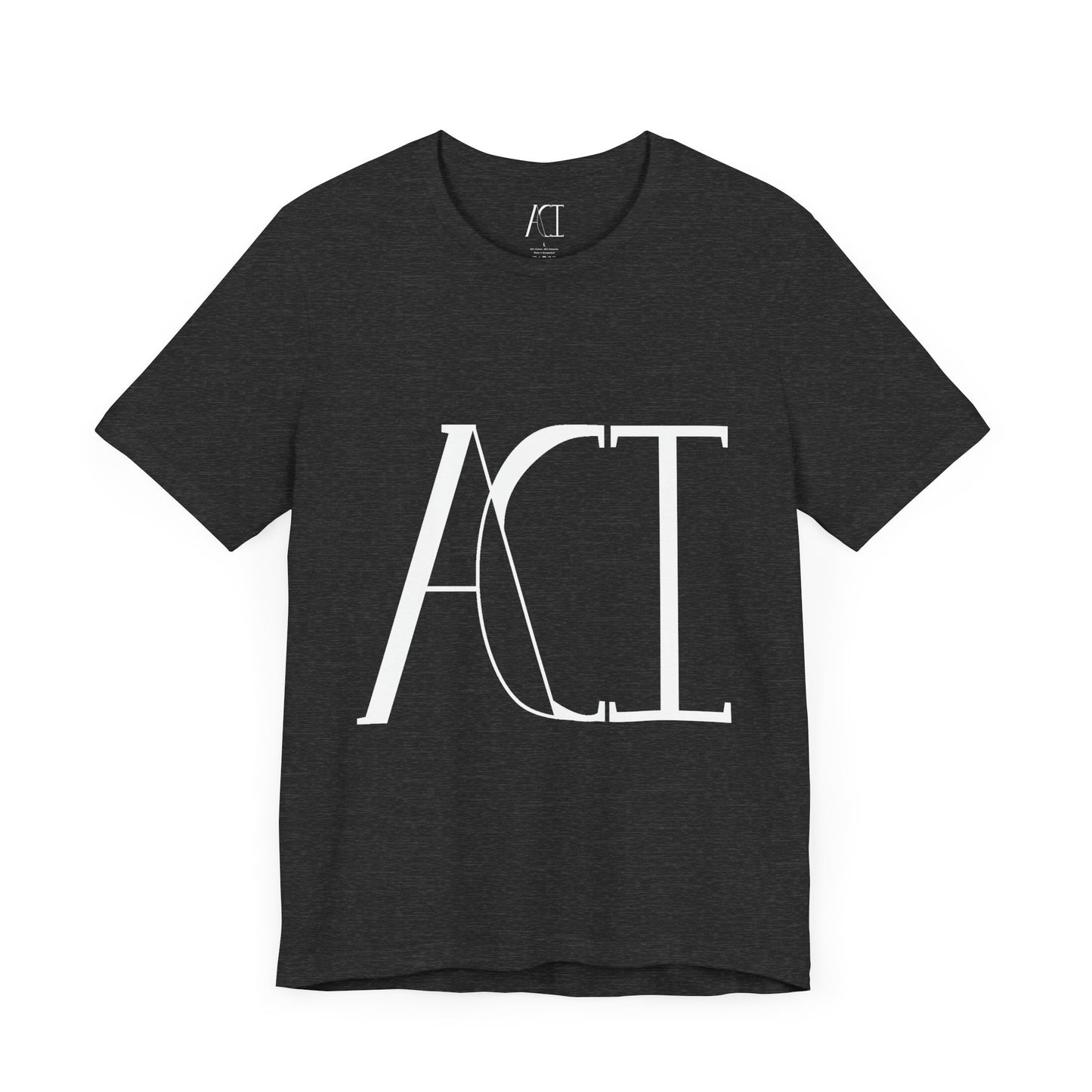 This is a dark heather grey crewneck ACI t-shirt. The front showcases a large ACI logo in the middle of the shirt. The print is white and is printed with the size label in white on the inside of the shirt. The tab also has the ACI logo.