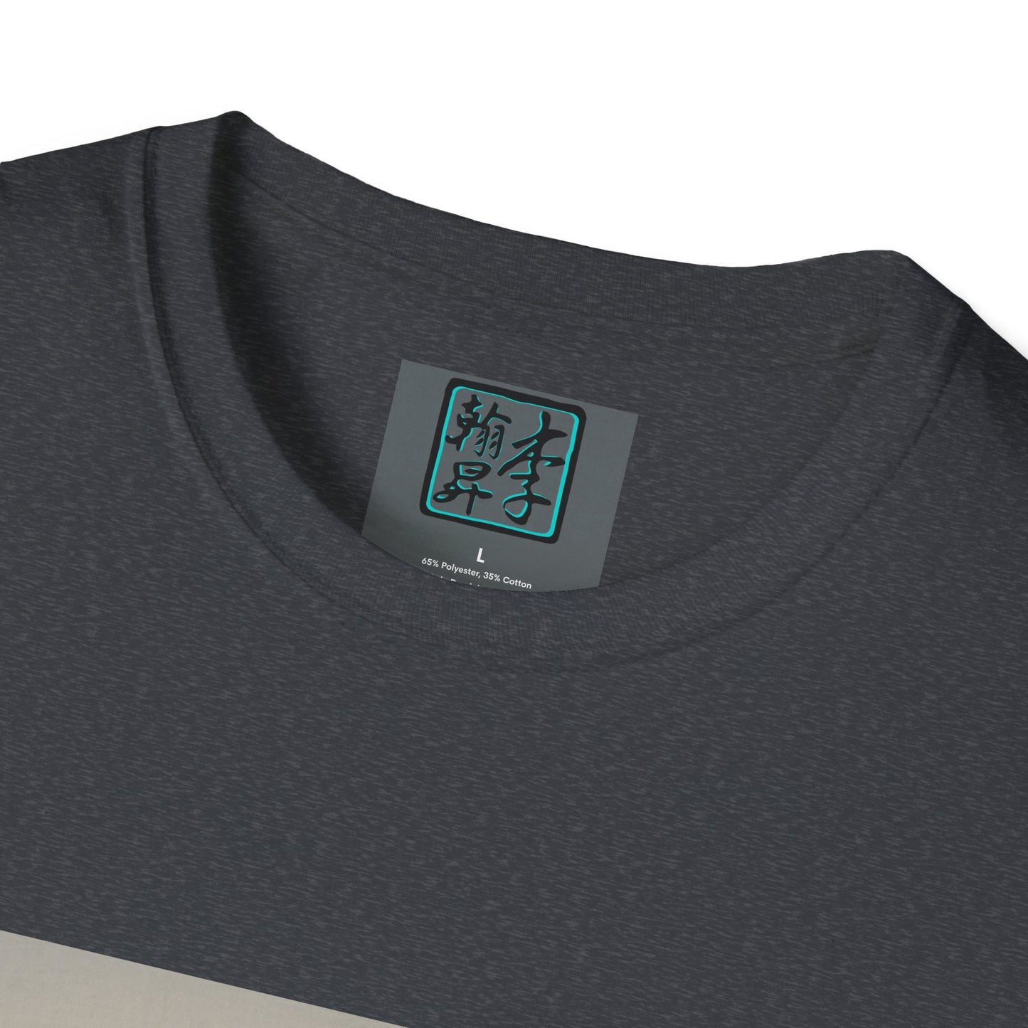 This is the Dark Heather Grey Landing T-Shirt by Lee Hansheng Studios. This is a close up of the front. On the inside of the shirt is the logo for the studio printed in black outlined in blue, gray size label with the print being white. The shirt is against a white background.