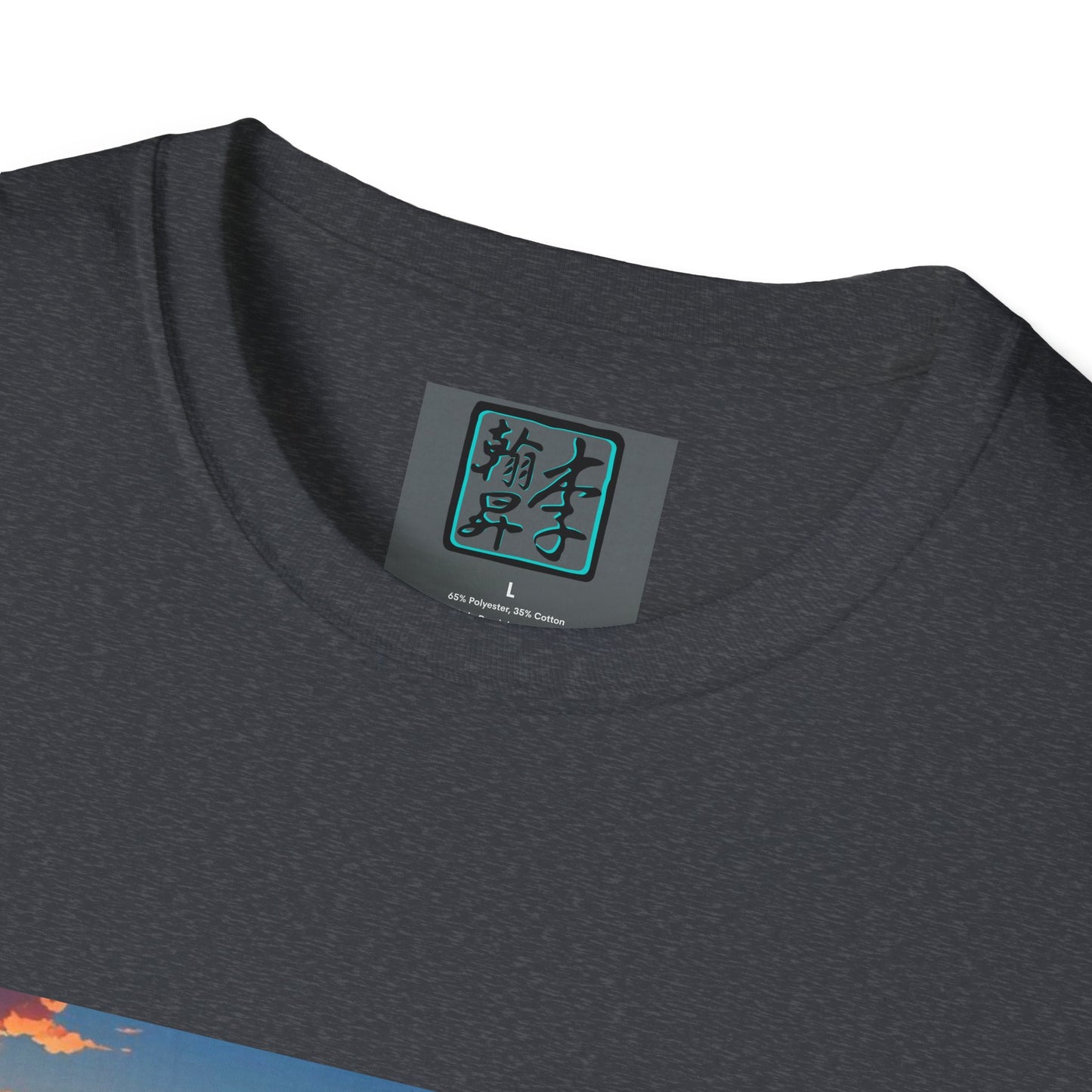 This is the Dark Heather Grey Temple of Peace Softstyle T-Shirt by Lee Hansheng Studios. It comes in sizes XS-5XL. This is an image of the t-shirt from the front but close up to the tag that is inside the shirt. There is the Lee Hansheng Studios logo printed in black and outlined in teal. The sizes are printed in white. This is all on a gray label. The shirt is against a white background.