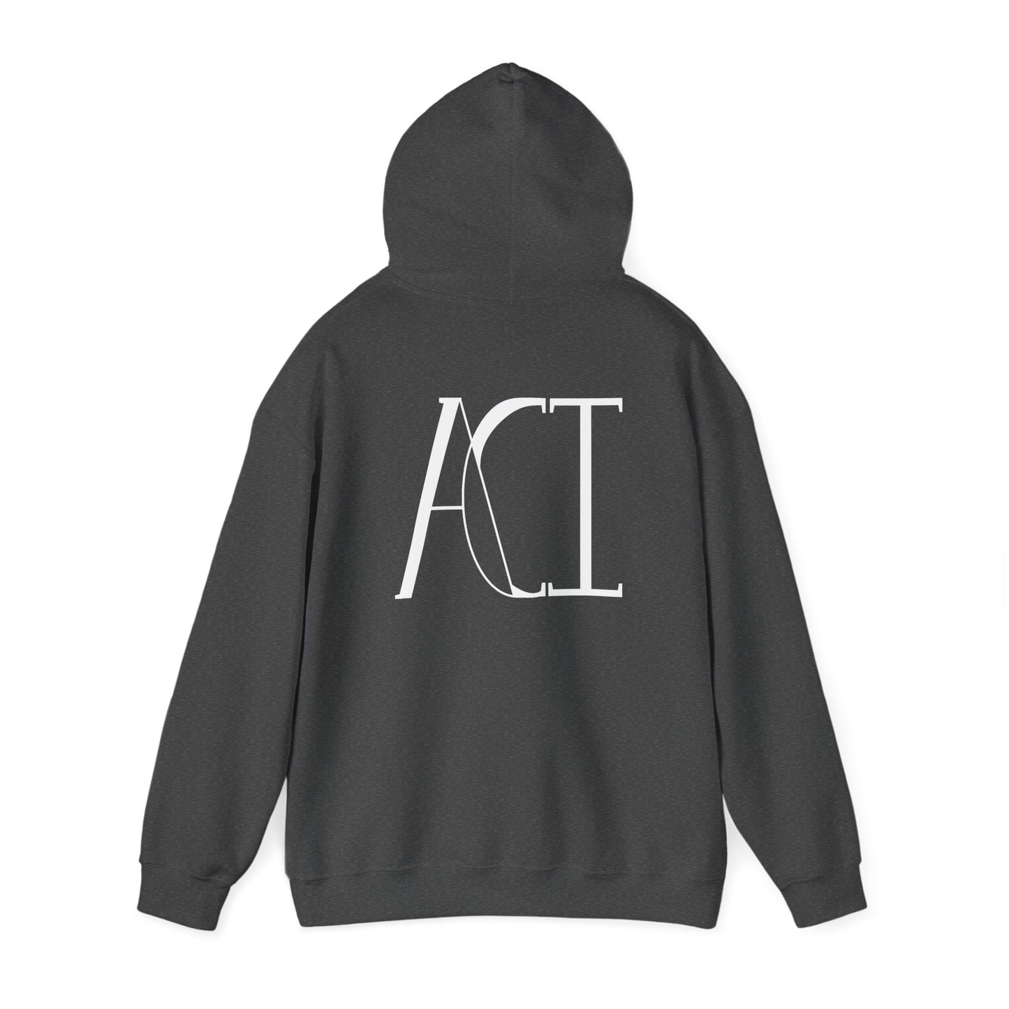 This is a dark heather ACI hoodie showcasing the back of it. The hood is lifted up and the ACI logo is between the shoulder blades. The logo printed is white. The sleeves and end of the hoodie have stiching by the wrist and waist areas. The rest of the hoodie is the color dark heather.