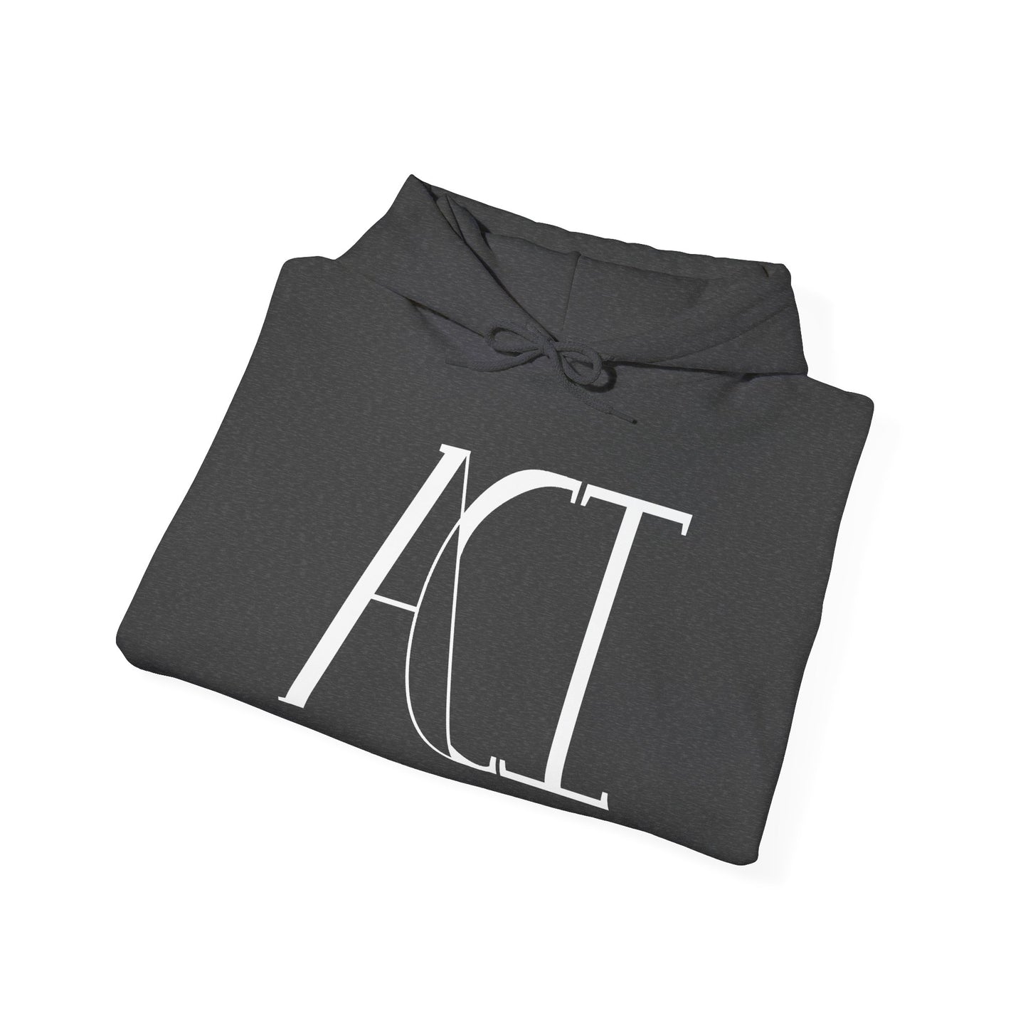 This is a dark heather ACI hoodie that has been folded. It shows the ACI logo printed in white on the front of the hoodie. The drawcord matches the color of the hoodie.