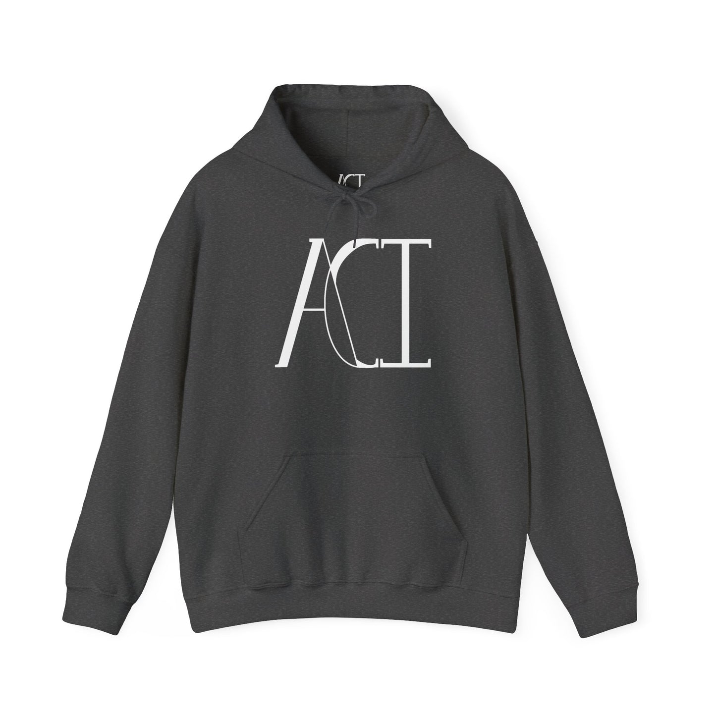 This is a dark heather ACI hoodie that showcases the ACI logo printed in white near the top middle of the hoodie. It is a full picture of the front with the color-matched drawcord. The size label is printed on rather than a tag with the ACI logo also in white. There is stitching by the wrists and waist areas. Also, a large pocket to place your arms in.