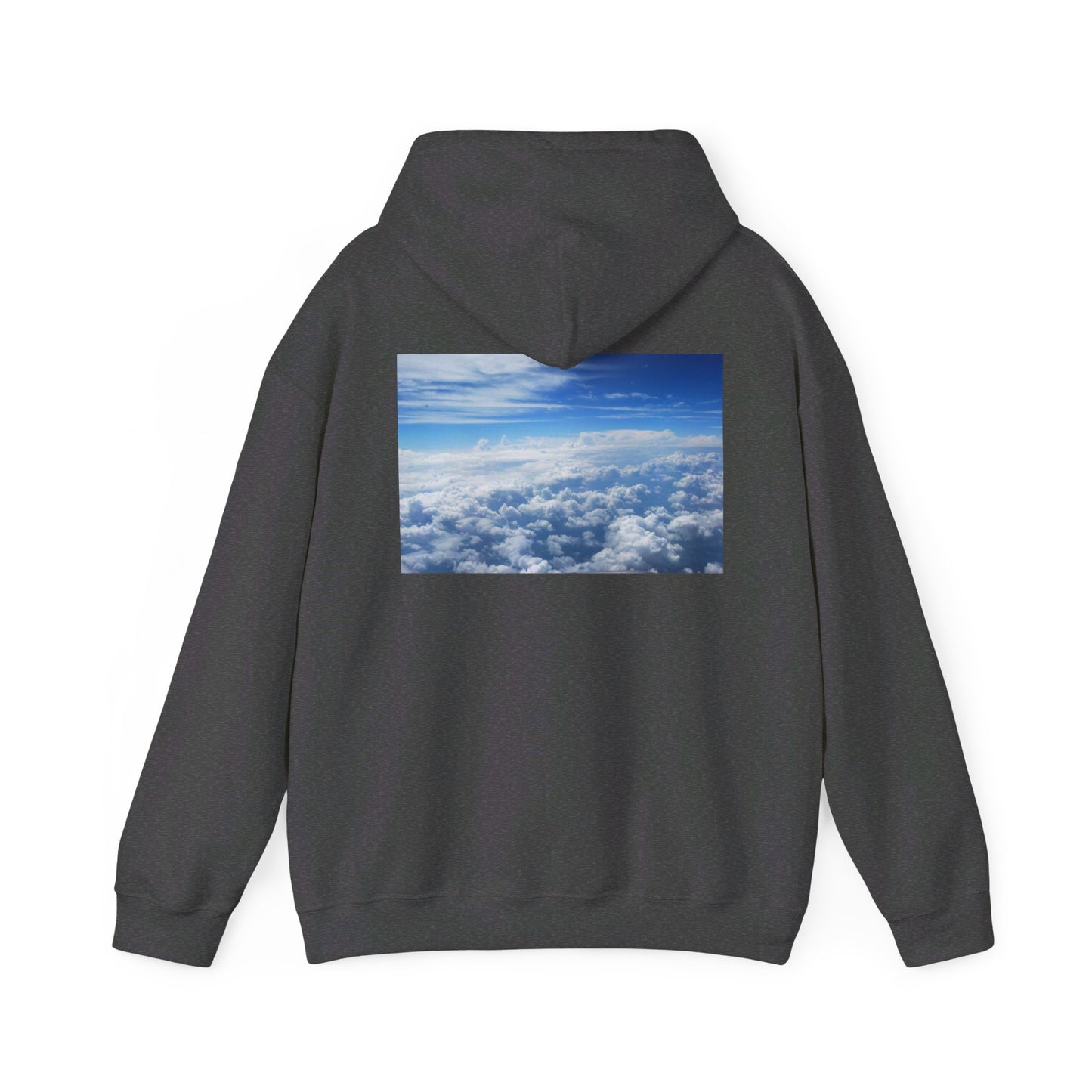 This is the Dark Heather Above the Clouds Hoodie by Lee Hansheng Studios. It comes in sizes S-5XL. This is the image of the back with the hood up. The illustration is between the upper back and ends before lower back. The illustration shows an overview of the clouds from the sky. Through the foreground are white, light blue, dark blue fluffy clouds that straighten out in the background. There are clear blue skies in the background. There is hemming on the wrists and end of the hoodie.