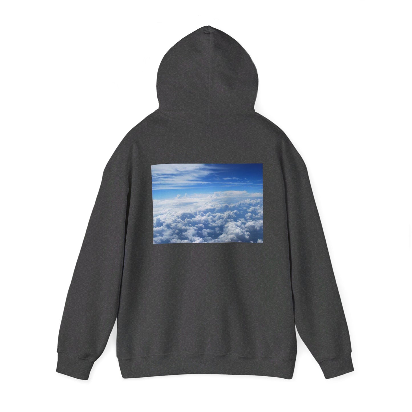 This is the Dark Heather Above the Clouds Hoodie by Lee Hansheng Studios. It comes in sizes S-5XL. This is the image of the back with the hood up. The illustration is between the upper back and ends before lower back. The illustration shows an overview of the clouds from the sky. Through the foreground are white, light blue, dark blue fluffy clouds that straighten out in the background. There are clear blue skies in the background. There is hemming on the wrists and end of the hoodie.