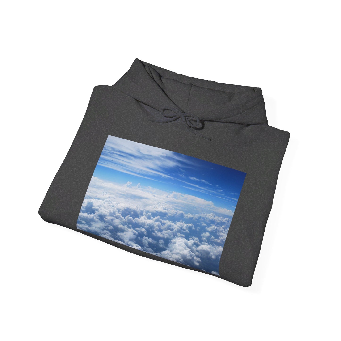 This is the Dark Heather Above the Clouds Hoodie by Lee Hansheng Studios. It comes in sizes S-5XL. The drawstring is tied and color matched. The illustration shows an overview of the clouds from the sky. Through the foreground are white, light blue, dark blue fluffy clouds that straighten out in the background. There are clear blue skies in the background. The hoodie is against a white background.