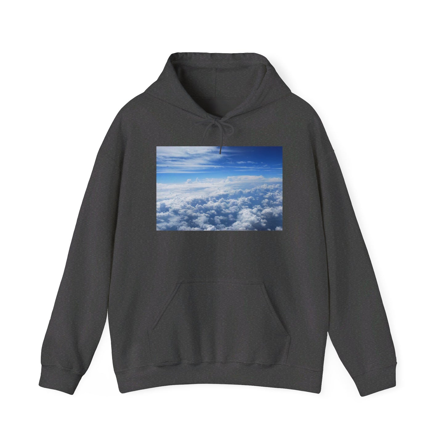This is the Dark Heather Above the Clouds Hoodie by Lee Hansheng Studios. It comes in sizes S-5XL. This is the image of the front with a drawstring tied in a bow and color matched. The illustration on the front chest. The illustration shows an overview of the clouds from the sky. Through the foreground are white, light blue, dark blue fluffy clouds that straighten out in the background. There are clear blue skies in the background. There is a kangaroo pocket, hemming on the wrists and end of the hoodie.
