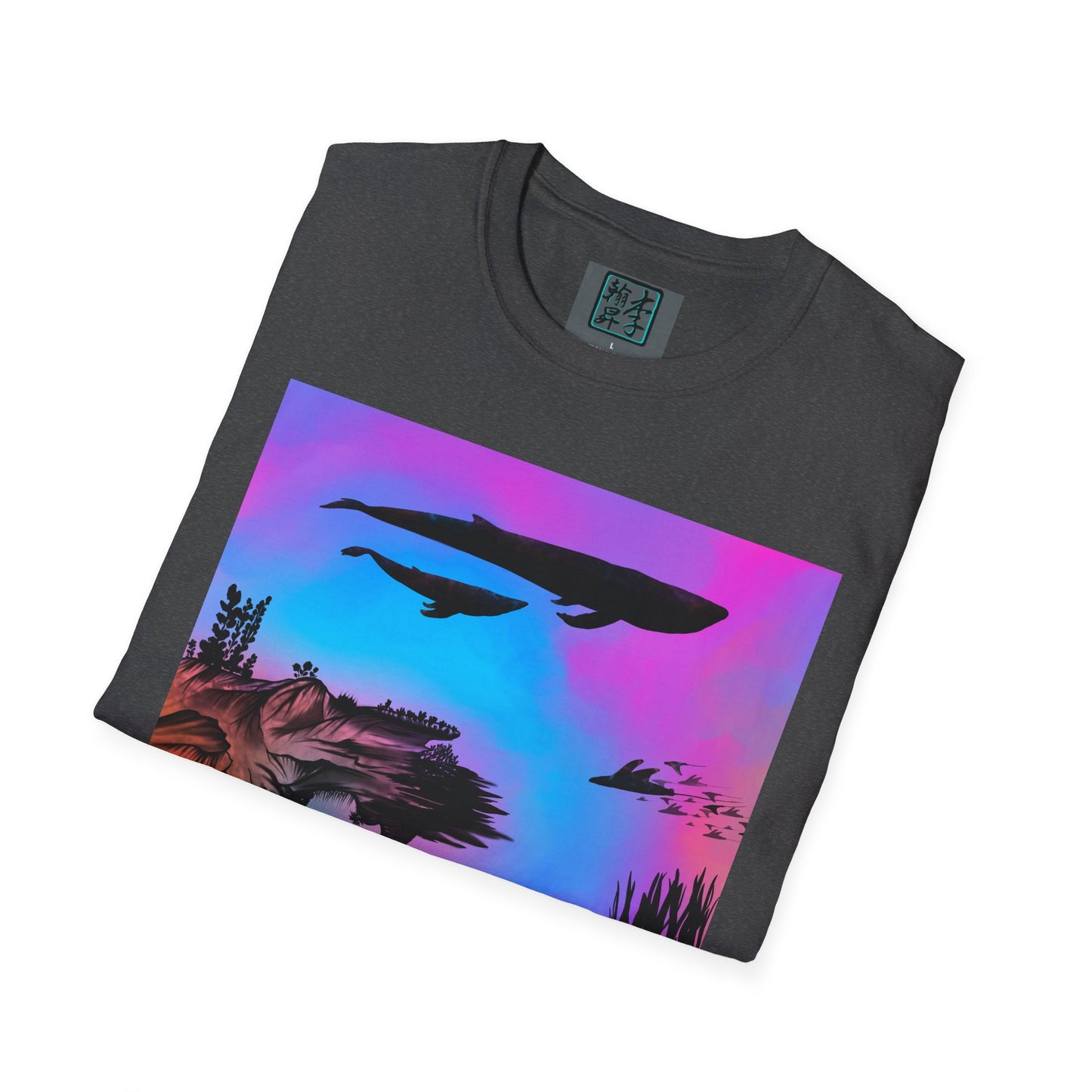 This is the Dark Heather Into the Abyss Softstyle T-Shirt by Lee Hansheng Studios. This shows the front of the shirt folded. The illustration is underwater seascape with aquatic plants on a marbled background. What can be seen is the two blue whales and a school of fish. The inside of the shirt has a gray label with the studio logo and the size label underneath printed in white. The shirt is against a white background.