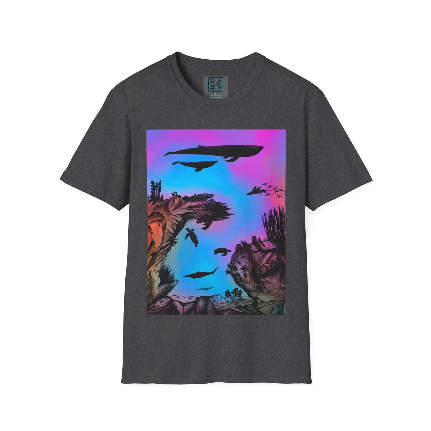 This is the Dark Heather Into the Abyss V-Neck Tee by Lee Hansheng Studios. This shows the front of the shirt. The illustration is underwater seascape with aquatic plants on a marbled background. There are two blue whales, 1 goblin shark, school of eagle rays, two sea turtles and a school of fish. On the bottom right corner is the studio's logo printed in black outlined in blue. The inside of the shirt has a gray label with the studio logo and the size label underneath printed in white.