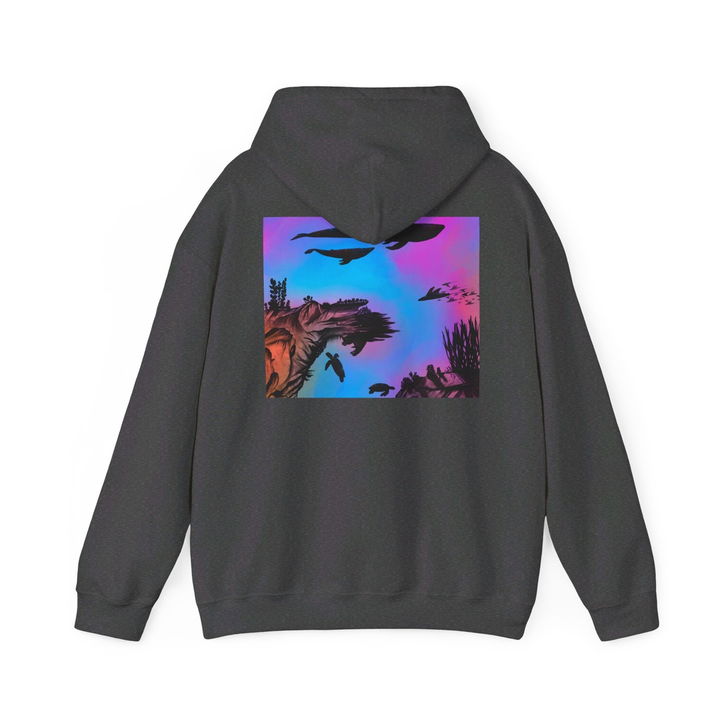 This is the Dark Heather Into the Abyss Heavy Blend Hooded Sweatshirt by Lee Hansheng Studios. It comes in sizes S-5XL. The image shows the sweatshirt from the back with the hood down. The illustration is a square shape of an underwater seascape with aquatic plants on a marbled background. The square fits the whole upper back. There are two blue whales, 1 goblin shark, school of eagle rays, two sea turtles and a school of fish. The image is against a white background.