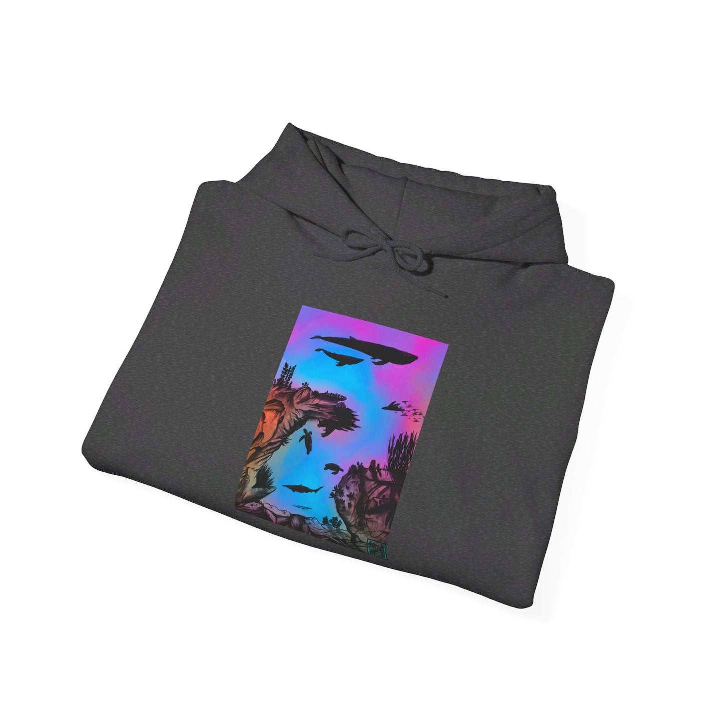 This is the Dark Heather Into the Abyss Heavy Blend Hooded Sweatshirt by Lee Hansheng Studios. It comes in sizes S-5XL. The image shows the sweatshirt folded, the drawstring is tied in a bow and color matched. The illustration is a rectangular shape of an underwater seascape with aquatic plants on a marbled background. There are two blue whales, 1 goblin shark, school of eagle rays, two sea turtles and a school of fish. The image is against a white background.