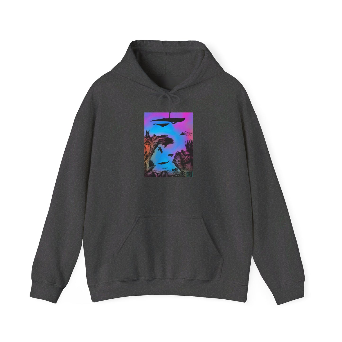 This is the Dark Heather Into the Abyss Heavy Blend Hooded Sweatshirt by Lee Hansheng Studios. It comes in sizes S-5XL. The image shows the sweatshirt from the front. The illustration is a rectangular shape of an underwater seascape with aquatic plants on a marbled background. There are two blue whales, 1 goblin shark, school of eagle rays, two sea turtles and a school of fish. There is a kangaroo pocket. There is hemming on the wrists and end of it. The image is against a white background.