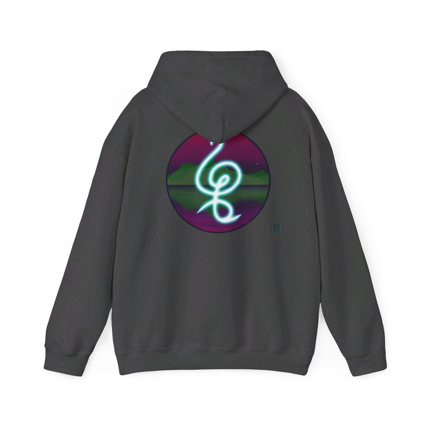 This is the Dark Heather Hakuna Matata Unisex Heavy Blend Hooded Sweatshirt by Lee Hansheng Studios. This is the image of it from the back and the hood is down.This comes in sizes S- 5XL. This illustration is an oval image on with the "There are no worries" in Swahili which is a bright light blue. Behind the symbol is a landscape with dark green mountains. It is reflected in the water and clear are pink/purple sky with a couple of stars. The illustration is on the upper back and the studio logo is below it.