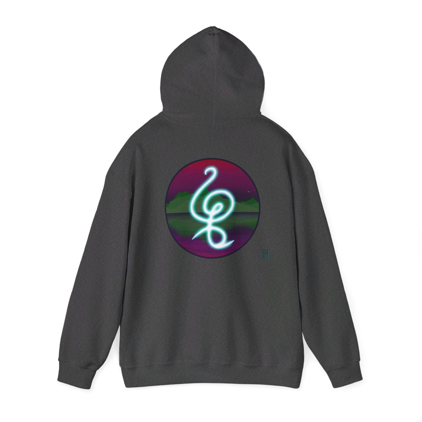 This is the Dark Heather Hakuna Matata Unisex Heavy Blend Hooded Sweatshirt by Lee Hansheng Studios. This is the image of it from the back and the hood up. This comes in sizes S- 5XL. This illustration is an oval image on with the "There are no worries" in Swahili which is a bright light blue. Behind the symbol is a landscape with dark green mountains. It is reflected in the water and clear are pink/purple sky with a couple of stars. The illustration is on the upper back and the studio logo is below it.