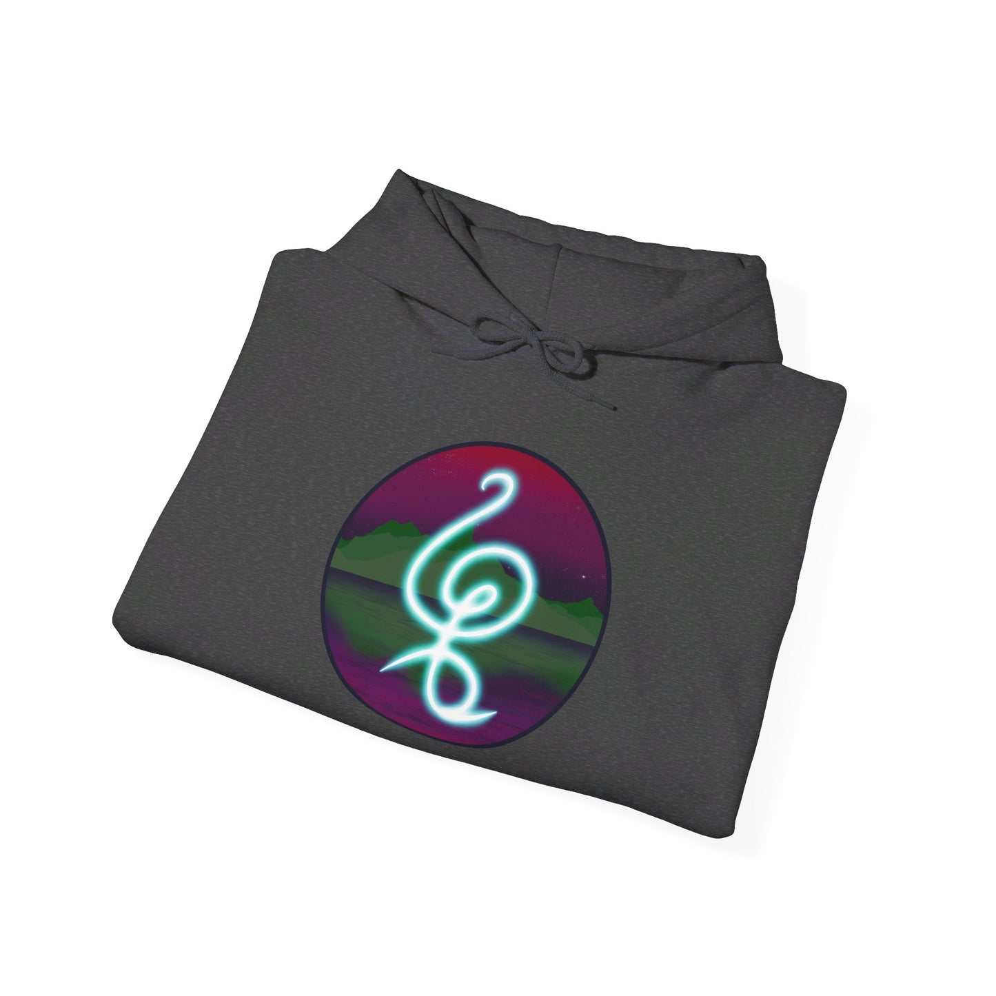 This is the Dark Heather Hakuna Matata Unisex Heavy Blend Hooded Sweatshirt by Lee Hansheng Studios. This is the image of it folded from the front. The drawstring is tied in a bow and color matched. This comes in sizes S- 5XL. This illustration is an oval image on with the "There are no worries" in Swahili which is a bright light blue. Behind the symbol is a landscape with dark green mountains. It is reflected in the water and clear are pink/purple sky with a couple of stars.