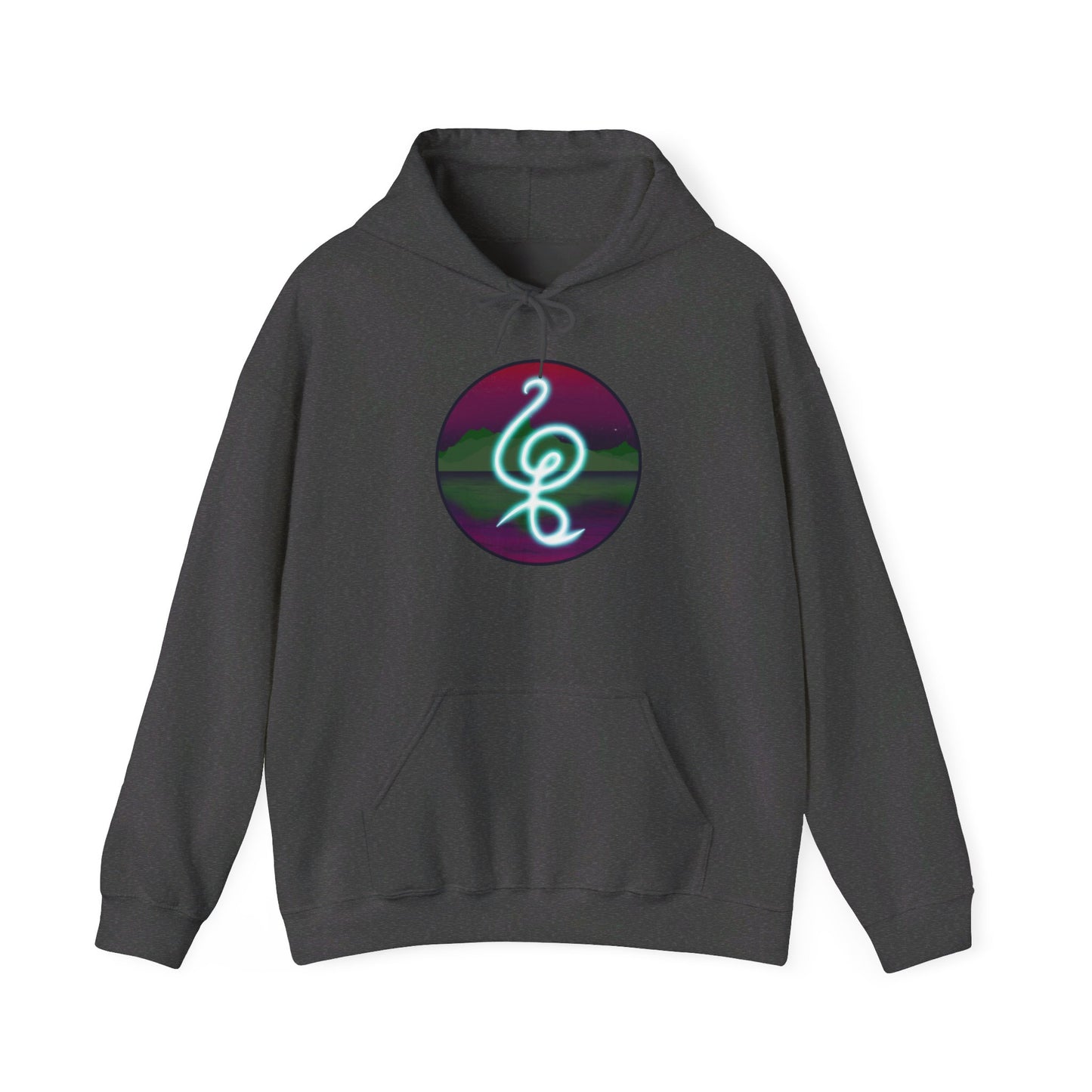 This is the Dark Heather Hakuna Matata Unisex Heavy Blend Hooded Sweatshirt by Lee Hansheng Studios. This is the image of it from the front.This comes in sizes S- 5XL. The drawstring is color matched and tied. This illustration is an oval image on with the "There are no worries" in Swahili and bright light blue.Behind the symbol is a landscape with dark green mountains, reflected in the water,clear pink/purple sky with a couple of stars.The illustration is on the upper back and the studio logo is below it.