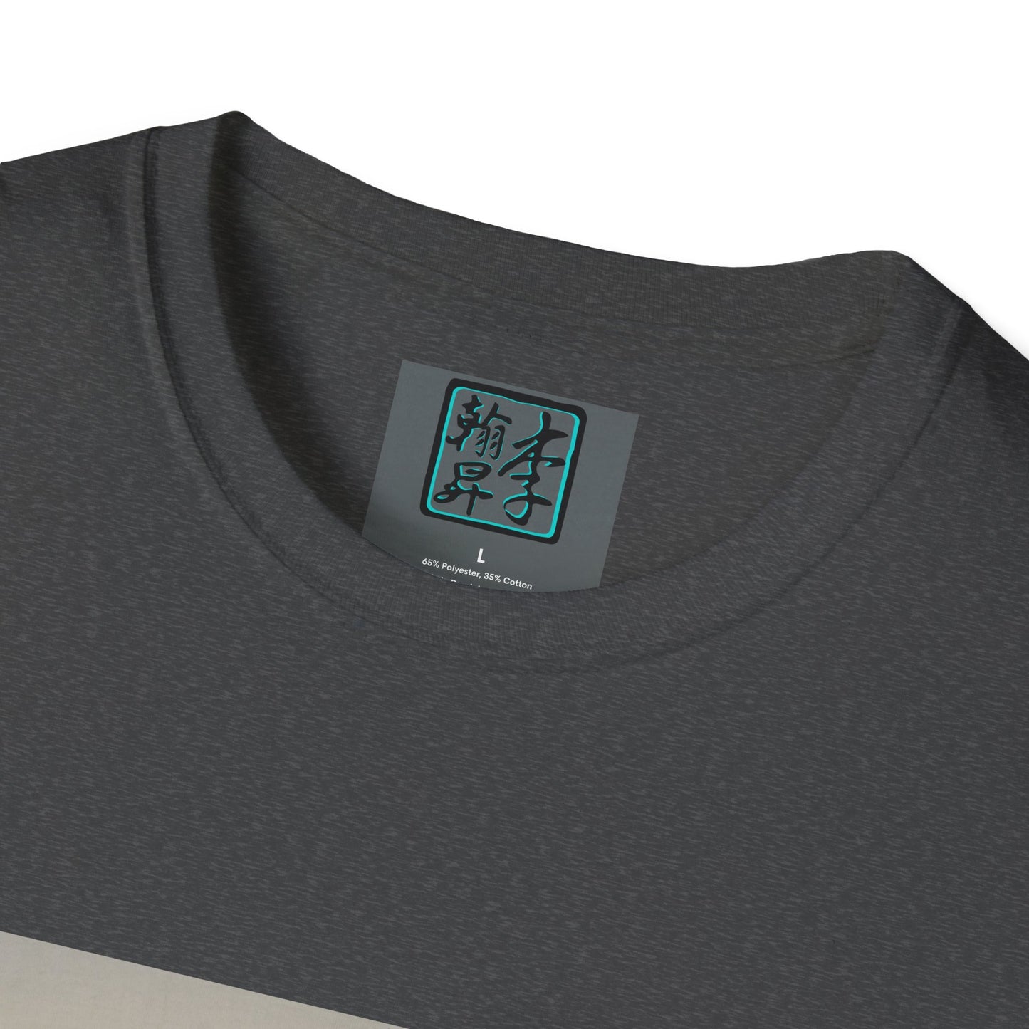This is the Dark Heather Landing T-Shirt by Lee Hansheng Studios. This is a close up of the front. On the inside of the shirt is the logo for the studio printed in black outlined in blue, gray size label with the print being white. The shirt is against a white background.