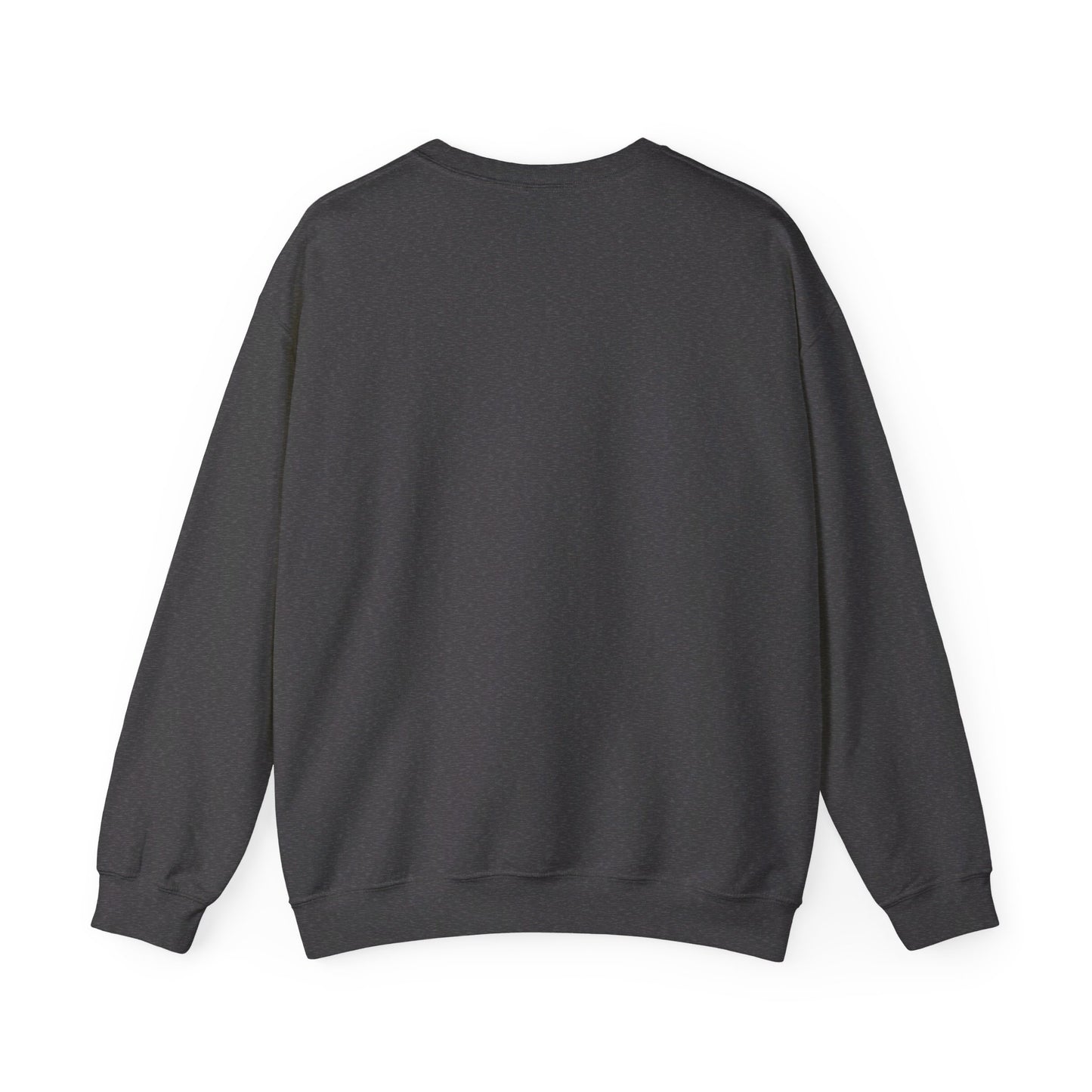 This is the Dark Heather Pisces Sweatshirt by Chris Foster Design that comes in sizes S-3XL and illustration starts from the upper chest till below the belly button. This is an image of the back of the sweatshirt. It is color matched with no design. There is hemming on the wrists and end of the sweatshirt. It is against a white background.
