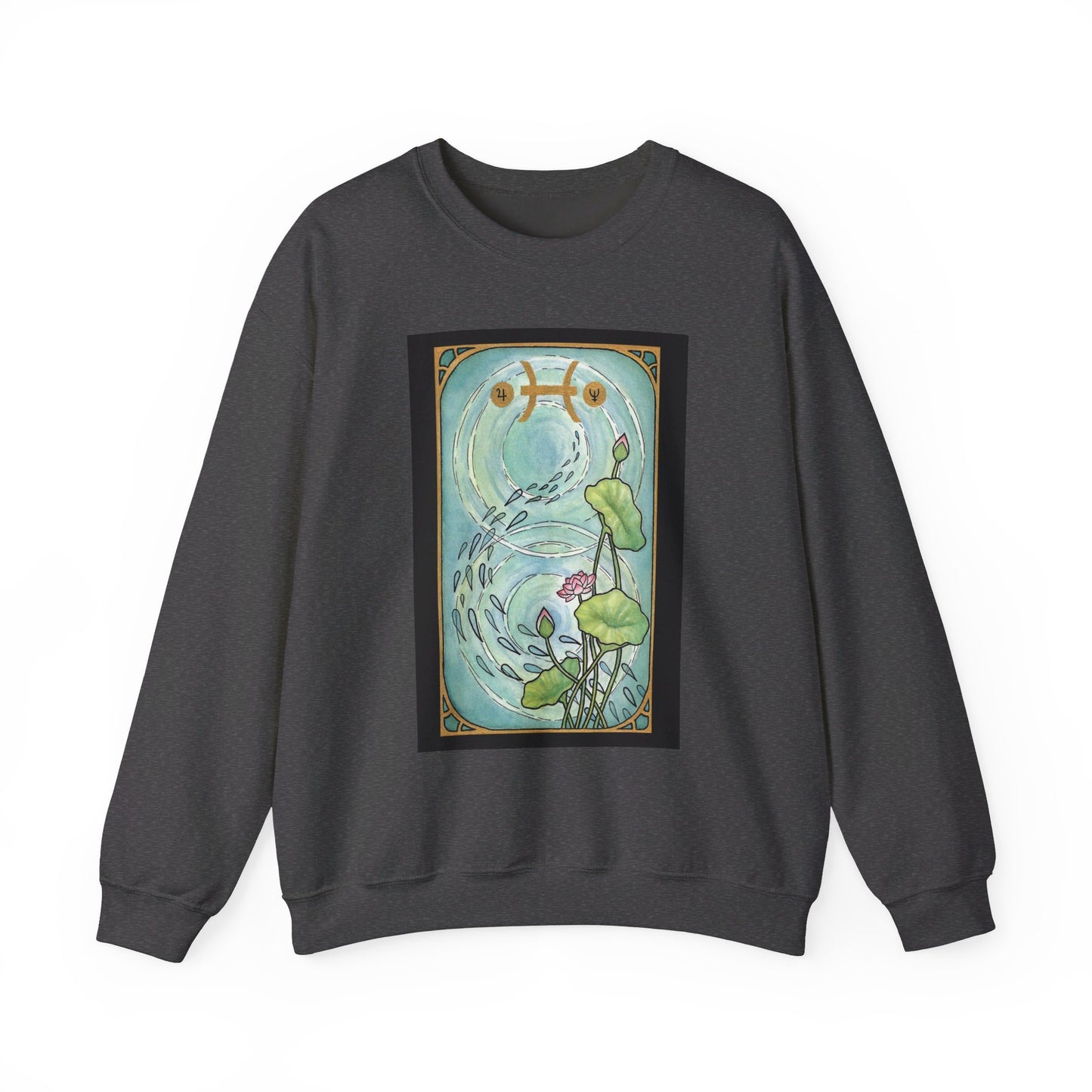This is the Dark Heather Pisces Sweatshirt by Chris Foster Design that comes in sizes S-3XL and illustration starts from the upper chest till below the belly button. This is an image of the front of the sweatshirt. Designed like a tarot card with a gold intricate border and pisces symbol. In the background a pond that has two circular ripples, the right side has the lily flowers growing upwards with two green leaves, one blooming pink flower, two buds, and a green trail of seeds.