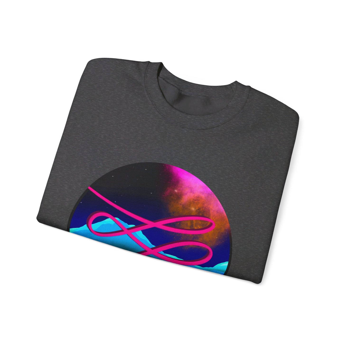 This is the Dark Heather Swirl Heavy Blend Crewneck Sweatshirt by Lee Hansheng Studios. It comes in sizes S-3XL. This is an image of the front of the sweatshirt folded. The illustration is circular and covers the front of the shirt. The design is a hot pink swirl from left to right. The background has a mountain landscape that is reflected. The colors are pink, black, orange and blue. The image is against a white background.