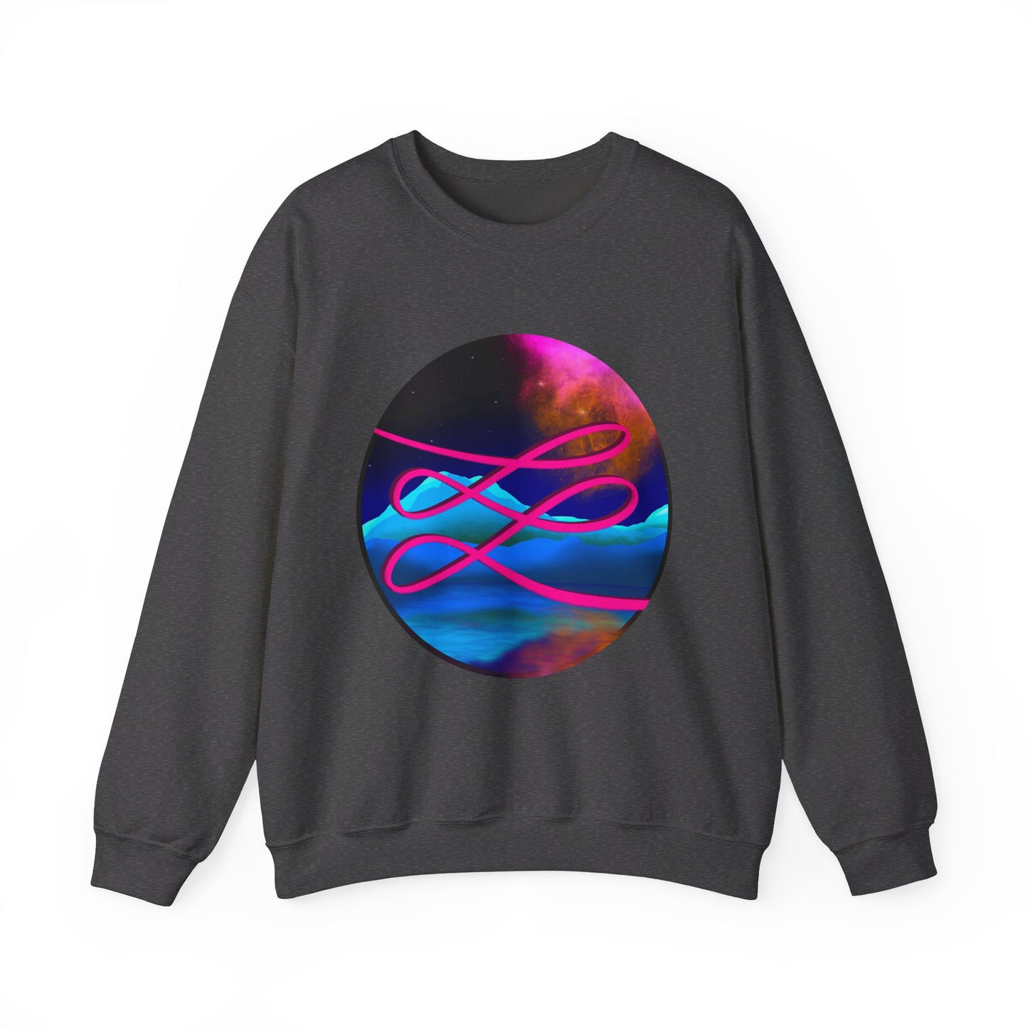 This is the Dark Heather Swirl Heavy Blend Crewneck Sweatshirt by Lee Hansheng Studios. It comes in sizes S-3XL. This shows the front of the sweatshirt. The illustration is circular and covers the front of the shirt. The design is a hot pink swirl from left to right. The background has a mountain landscape that is reflected. The colors are pink, black, orange and blue. The wrists and waists are hemmed. It is against a white background.