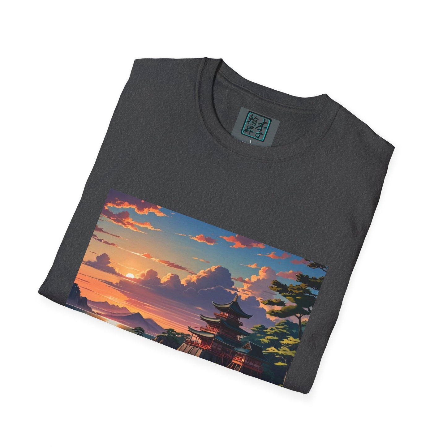 This is the Dark Heather Temple of Peace Softstyle T-Shirt by Lee Hansheng Studios. It comes in sizes S-5XL. This is an image of the shirt from the front and folded. On the inside of the shirt there is the studio's logo. The illustration shows the top of the landscape. There is a setting red/orange sun above clouds, one blue roof,brown/red walled temples on the right thre are some trees and mountains in the background scenery. The t-shirt is against a white background.