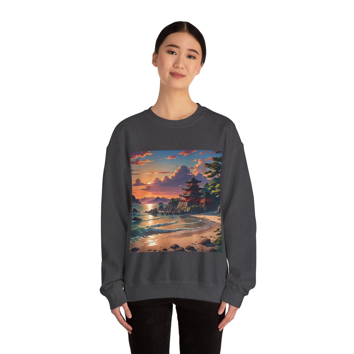 This is the Dark Heather Temple of Peace Sweatshirt by Lee Hansheng Studios. It comes in sizes S-5XL. The illustration shows a setting red/orange sun above clouds,two blue roof,brown/red walled temples on the right on top of the hills,mountains,blue/white waves into sand and a forest to the right.On the bottom right corner is the logo printed in black for the studio and outlined in blue. A smiling lady, head tilted and is standing forward with the sweatshirt and black pants.