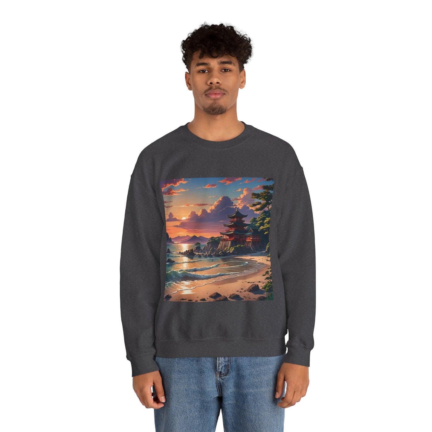 This is the Dark Heather Temple of Peace Sweatshirt by Lee Hansheng Studios. It comes in sizes S-5XL. The illustration shows a setting red/orange sun above clouds,two blue roof,brown/red walled temples on the right on top of the hills,mountains,blue/white waves into sand and a forest to the right.On the bottom right corner is the logo printed in black for the studio and outlined in blue. A man standing to the front has the sweatshirt on and jeans. He is against a white background.
